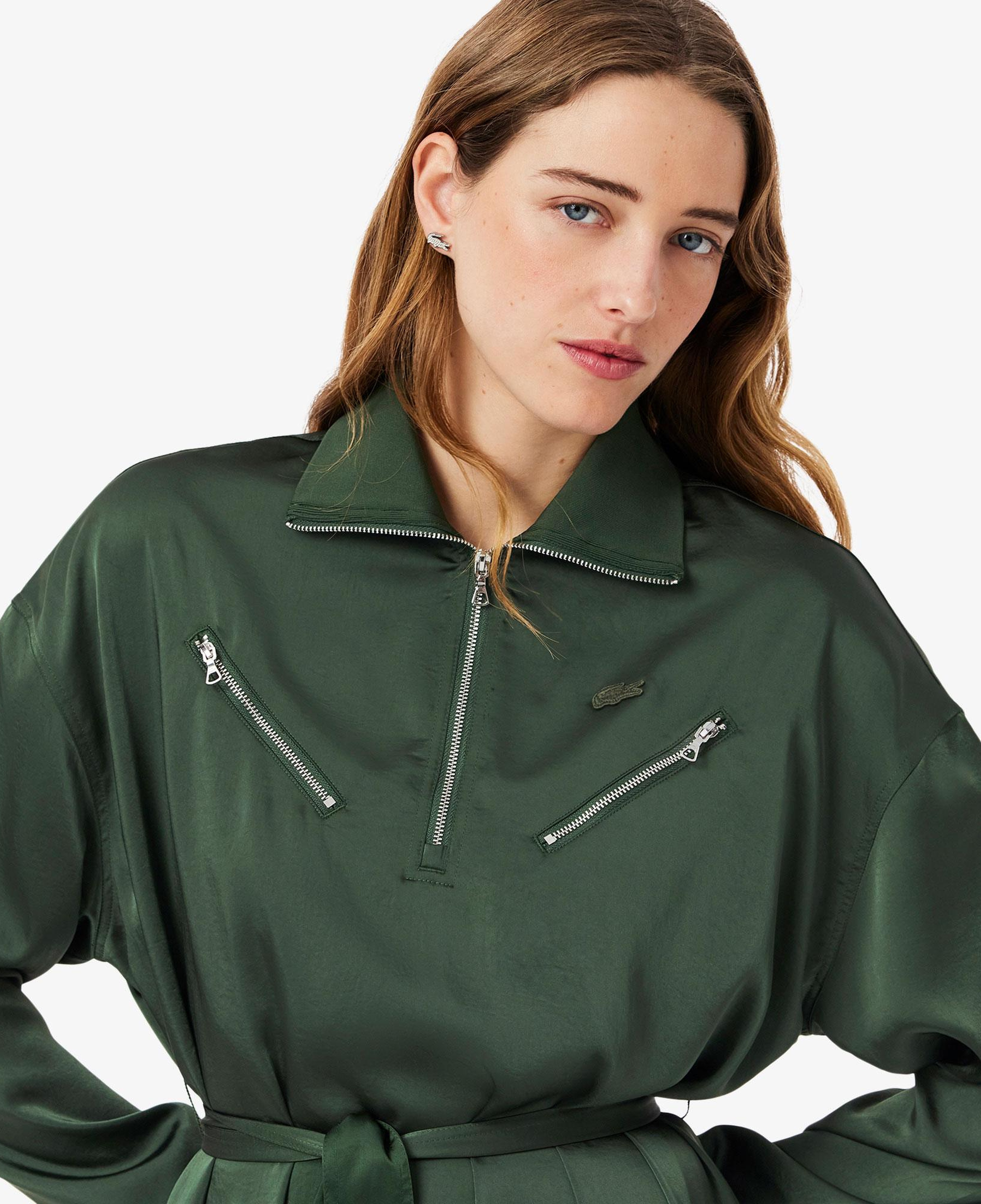 Kadın Relaxed Fit Uzun Kollu Yarım Fermuarlı Koyu Yeşil Elbise