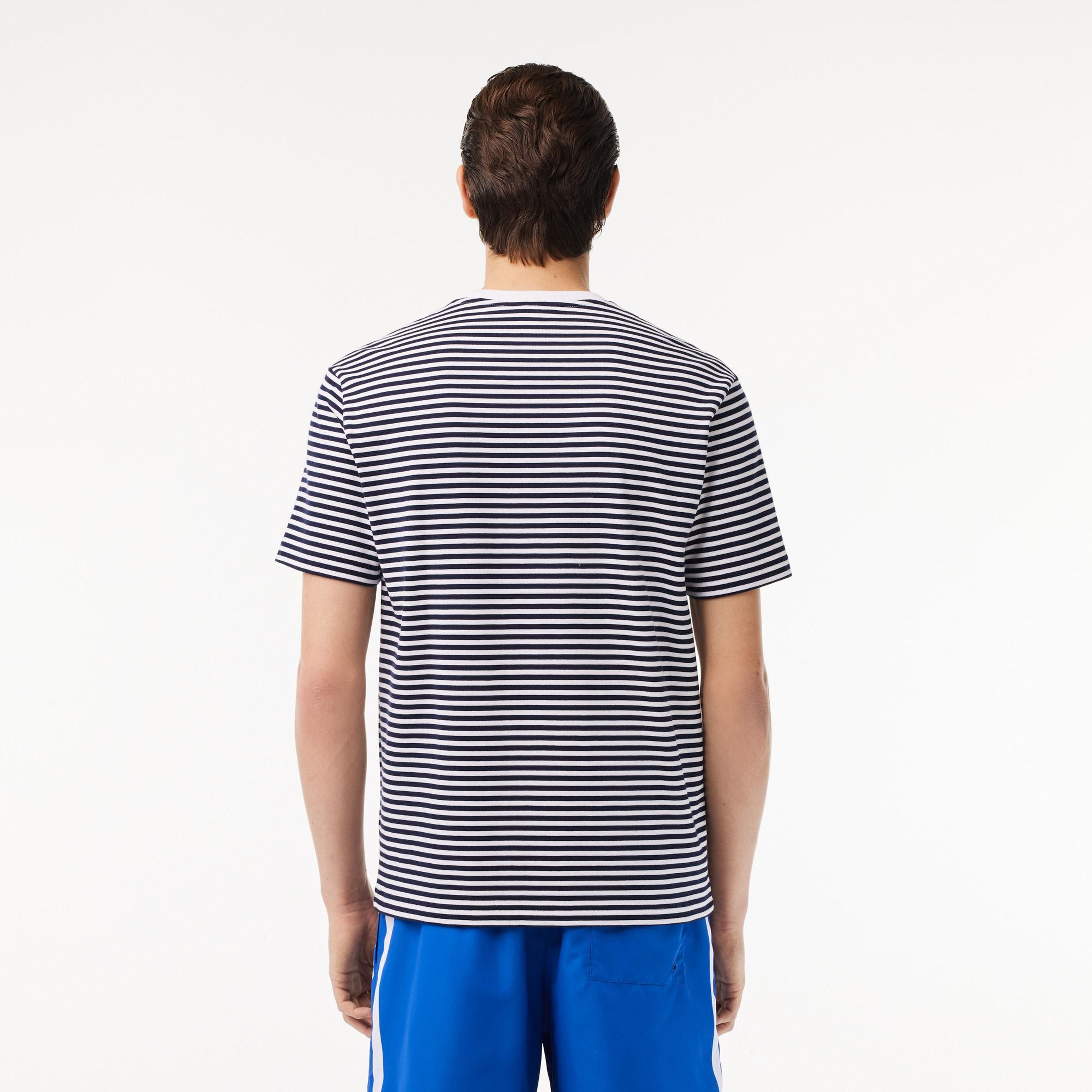 Erkek Classic Fit Bisiklet Yaka Çizgili Beyaz T-Shirt