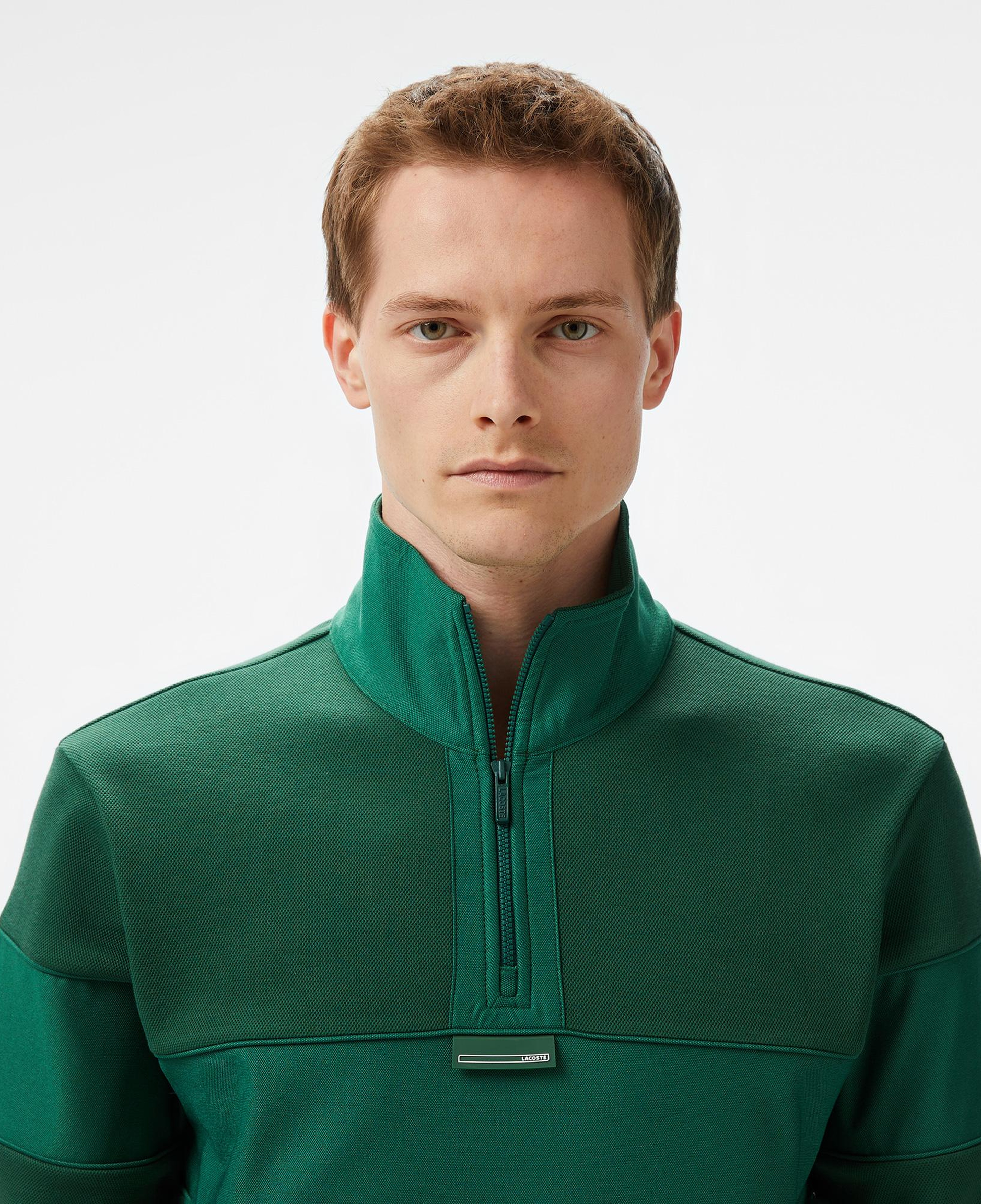 Erkek Classic Fit Yarım Fermuarlı Renk Bloklu Koyu Yeşil Sweatshirt