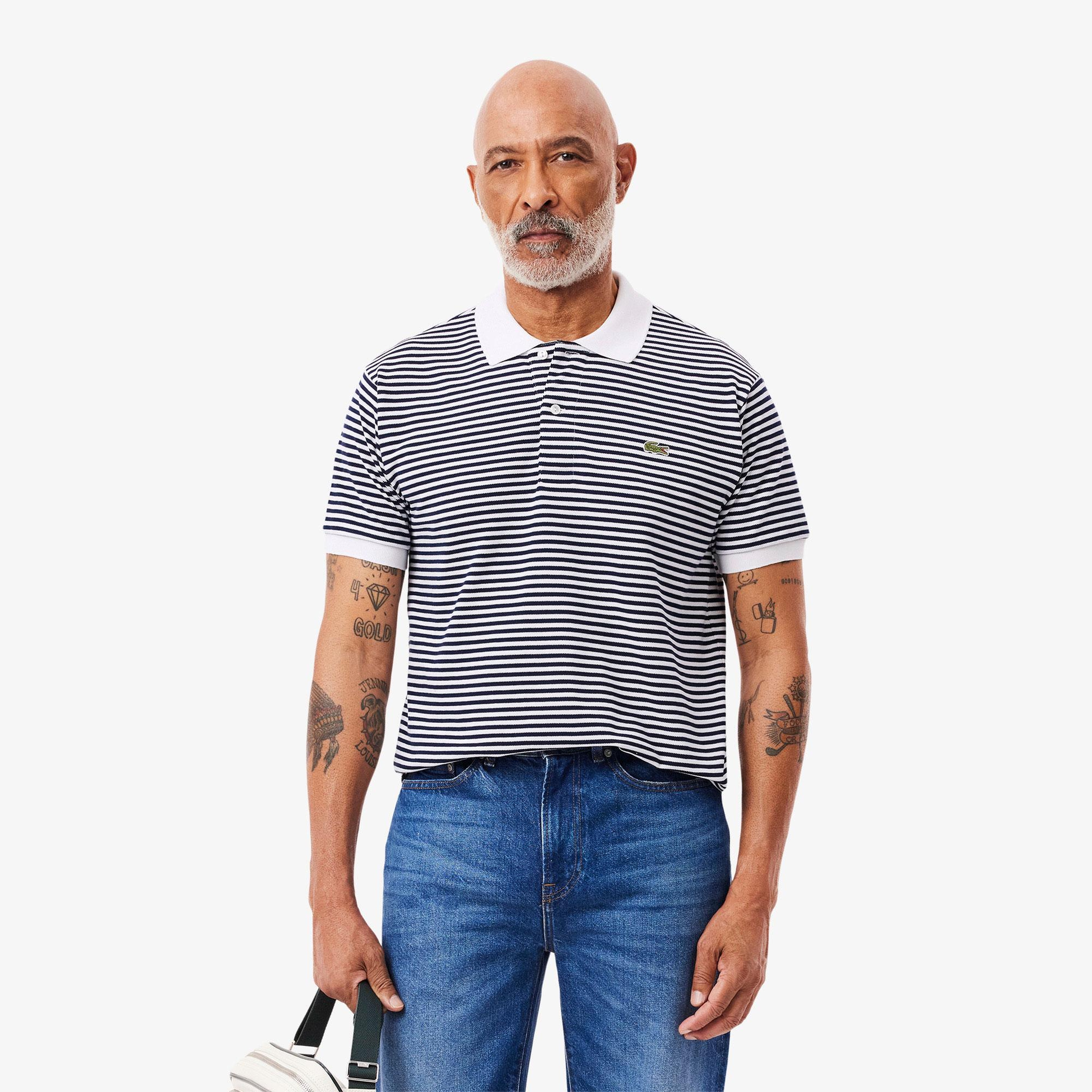 L.12.12 Erkek Classic Fit Çizgili Beyaz Polo