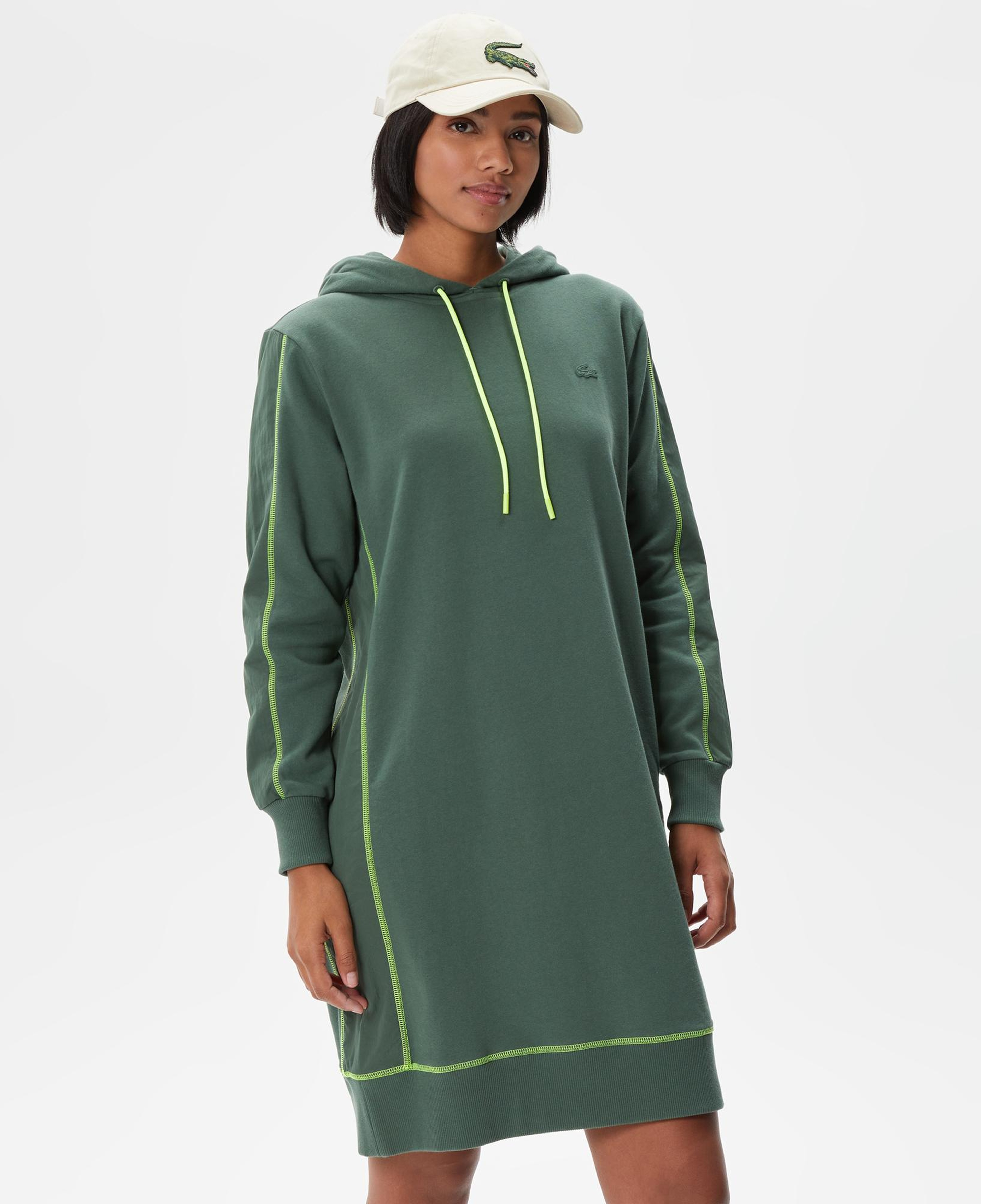 Kadın Loose Fit Uzun Kollu Kapüşonlu Desenli Haki Elbise