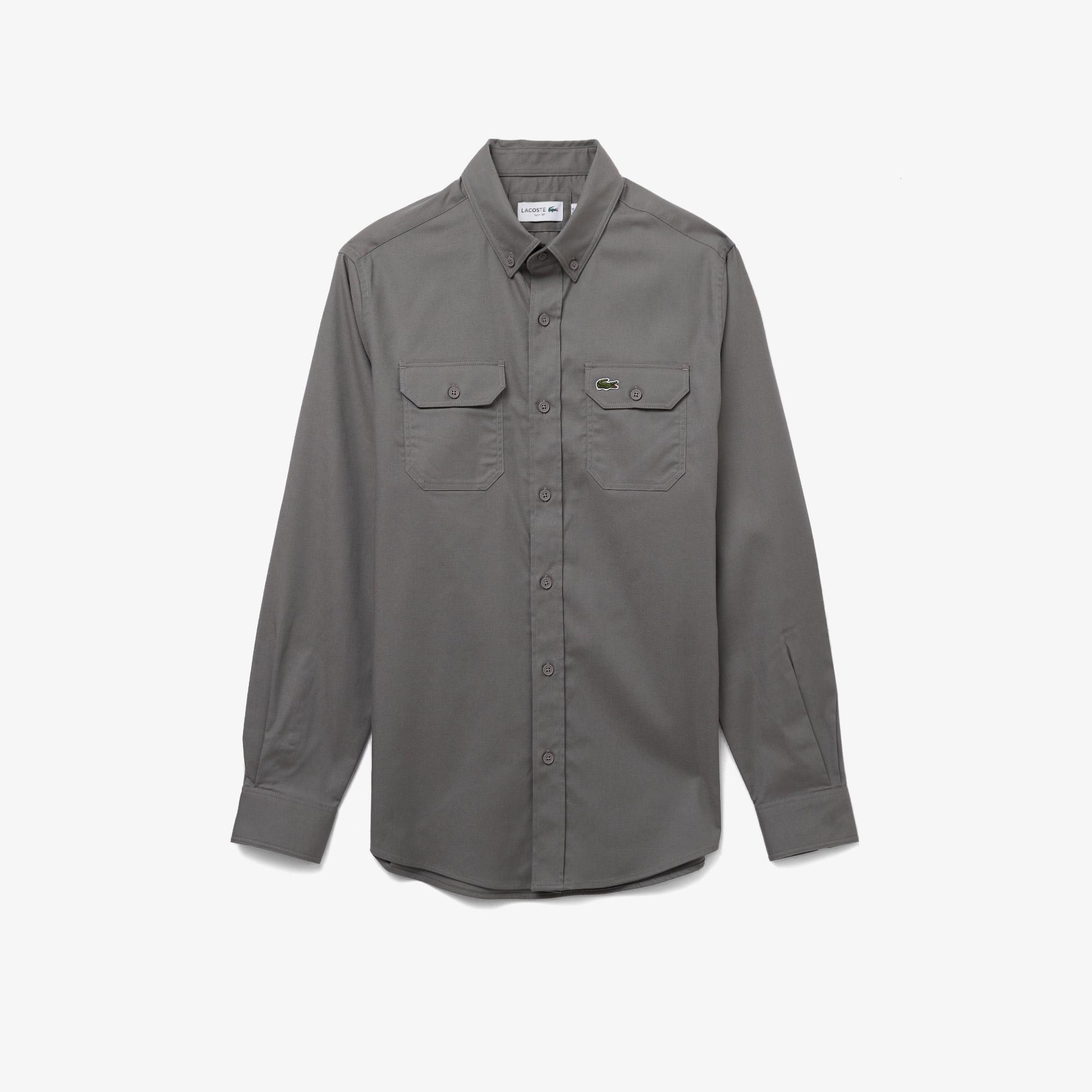 Erkek Slim Fit Düğmeli Yaka Koyu Gri Gömlek