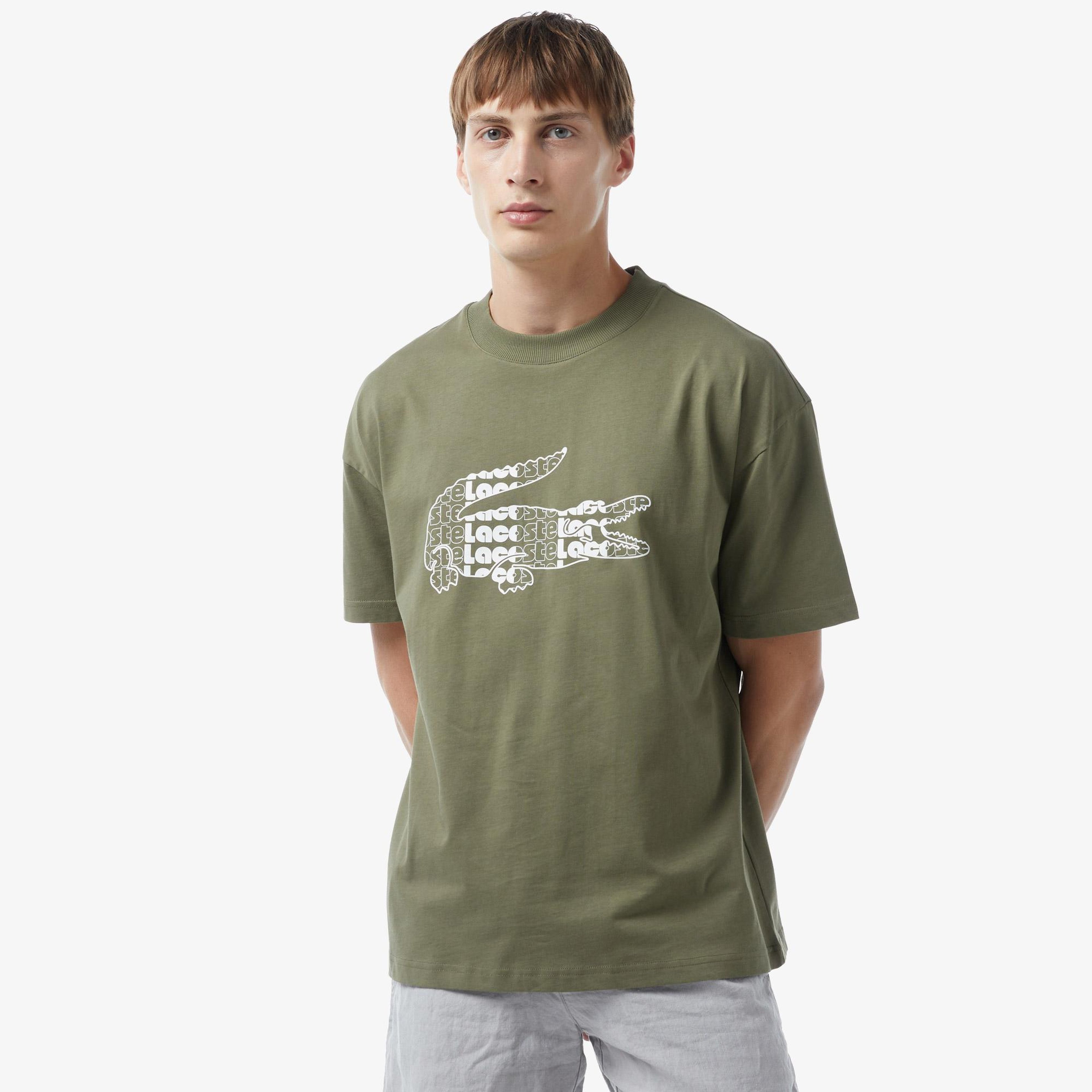 Erkek Oversize Fit Bisiklet Yaka Baskılı Haki T-Shirt