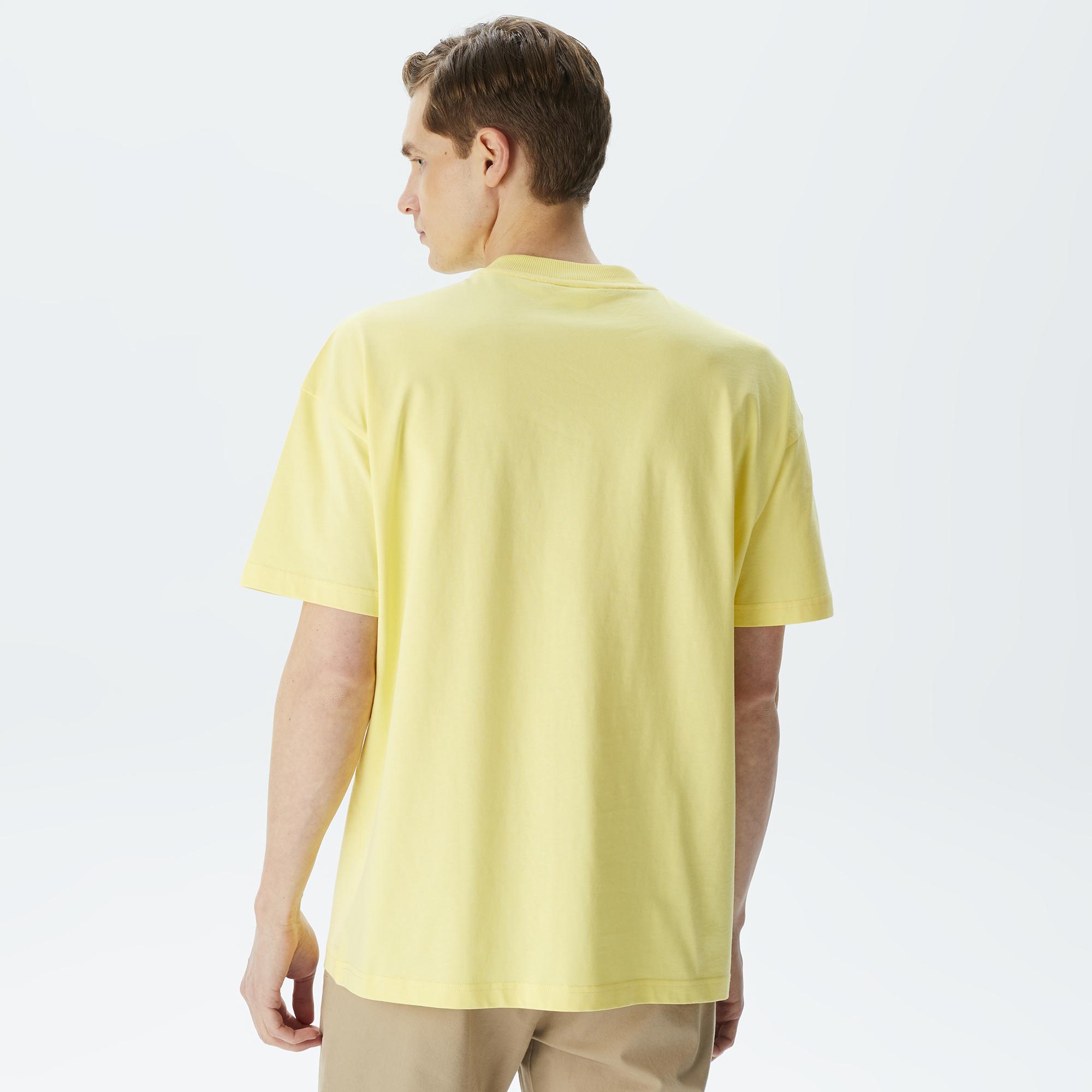 Erkek Oversize Fit Bisiklet Yaka Baskılı Sarı T-Shirt