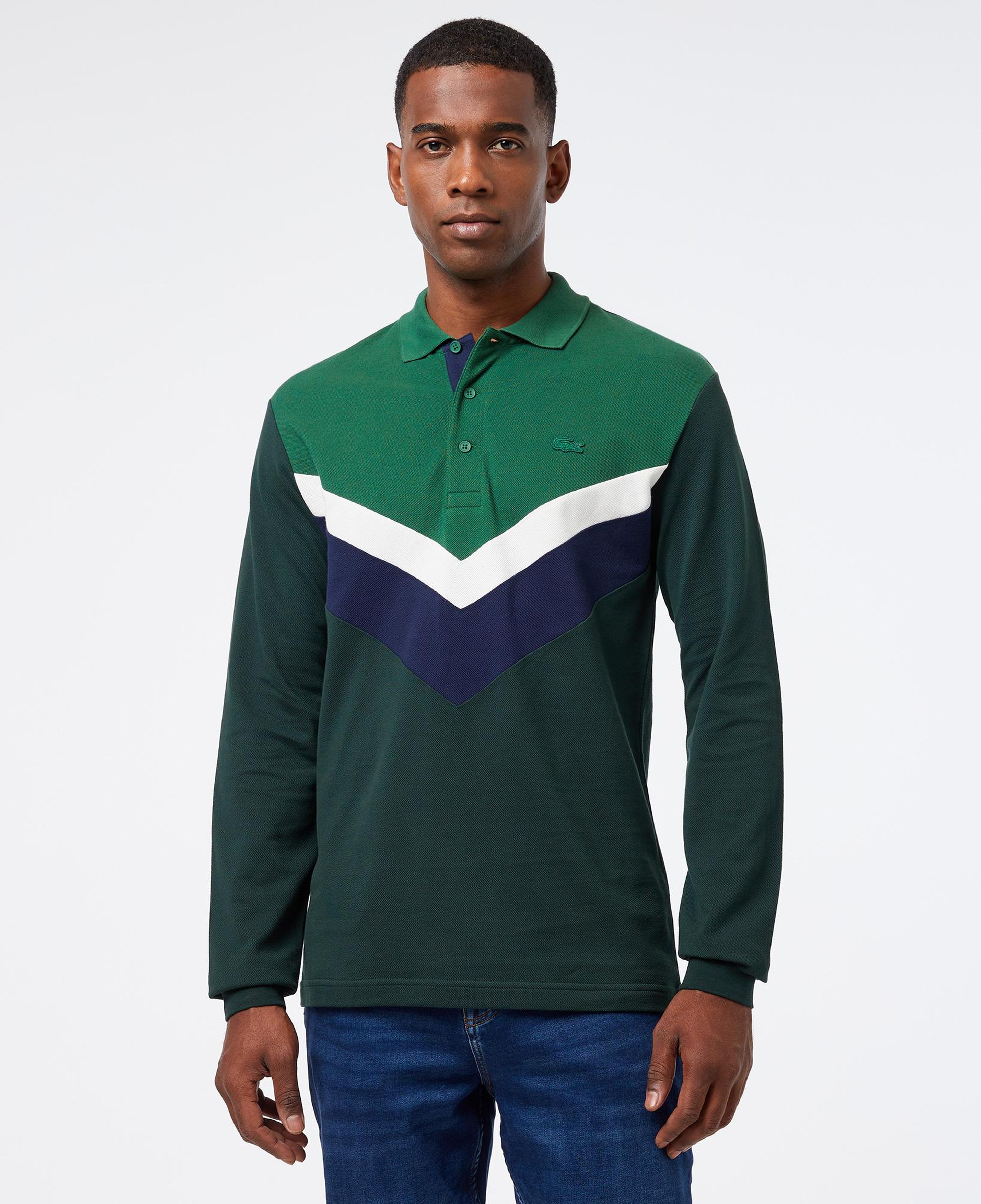 Erkek Classic Fit Uzun Kollu Renk Bloklu Yeşil Polo