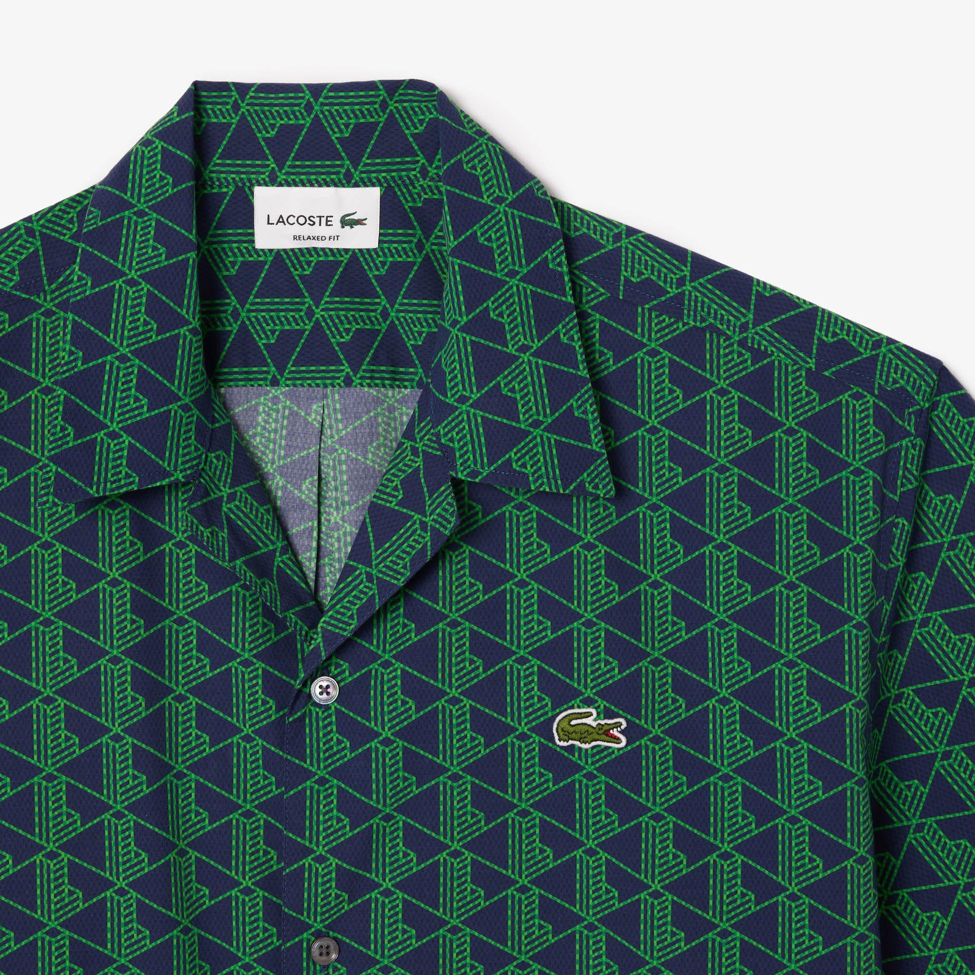 Erkek Relaxed Fit Kısa Kollu Monogram Yeşil Gömlek