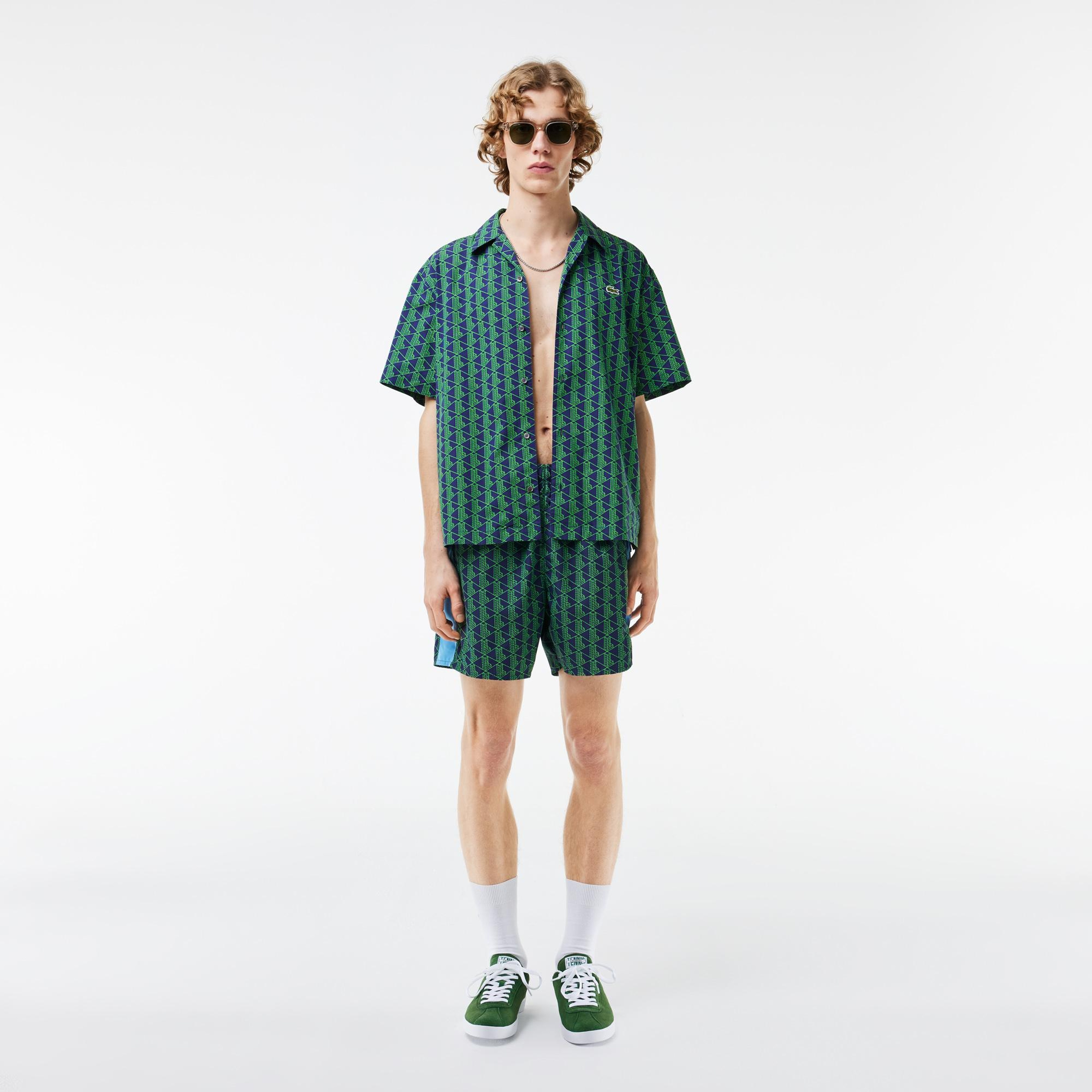 Erkek Relaxed Fit Kısa Kollu Monogram Yeşil Gömlek