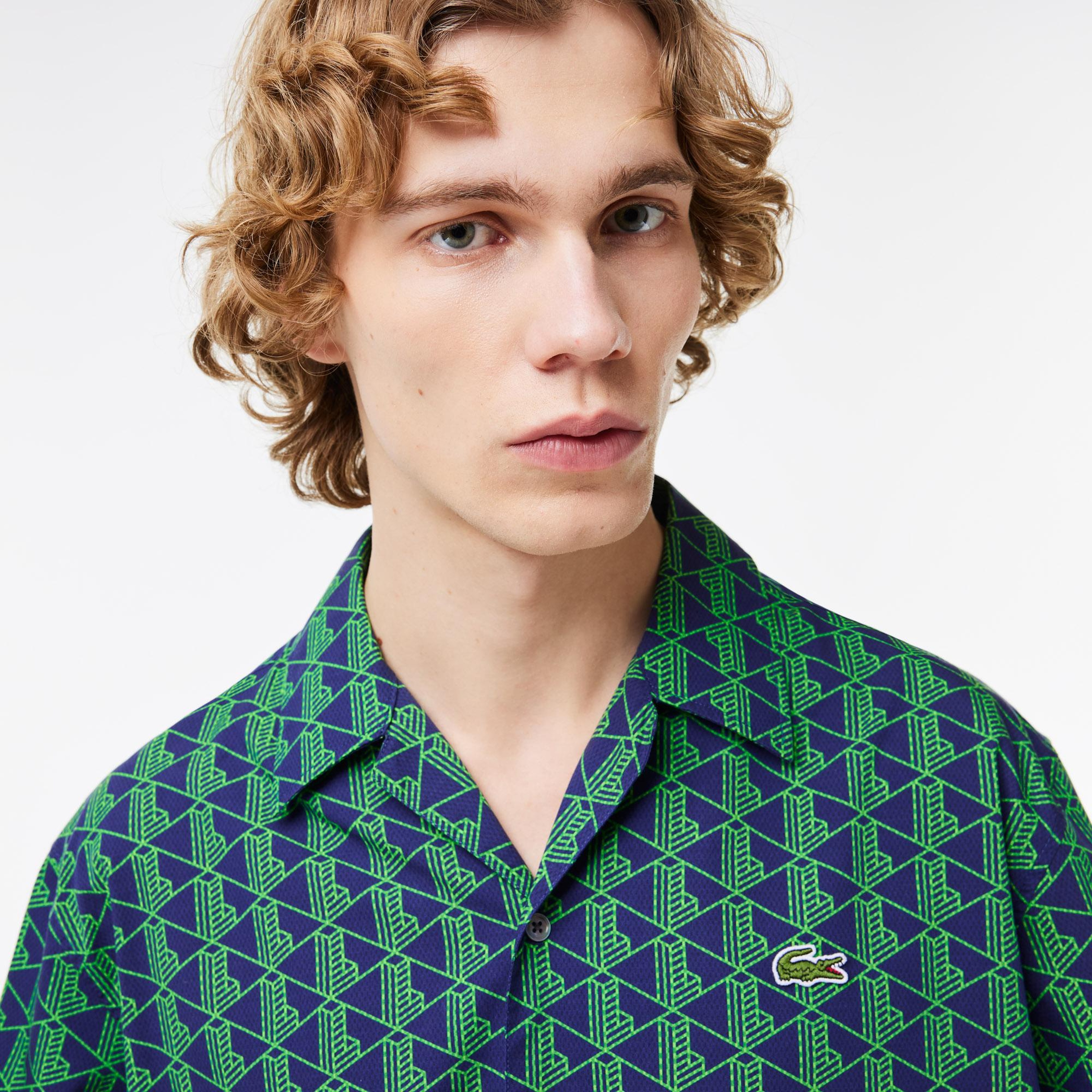 Erkek Relaxed Fit Kısa Kollu Monogram Yeşil Gömlek