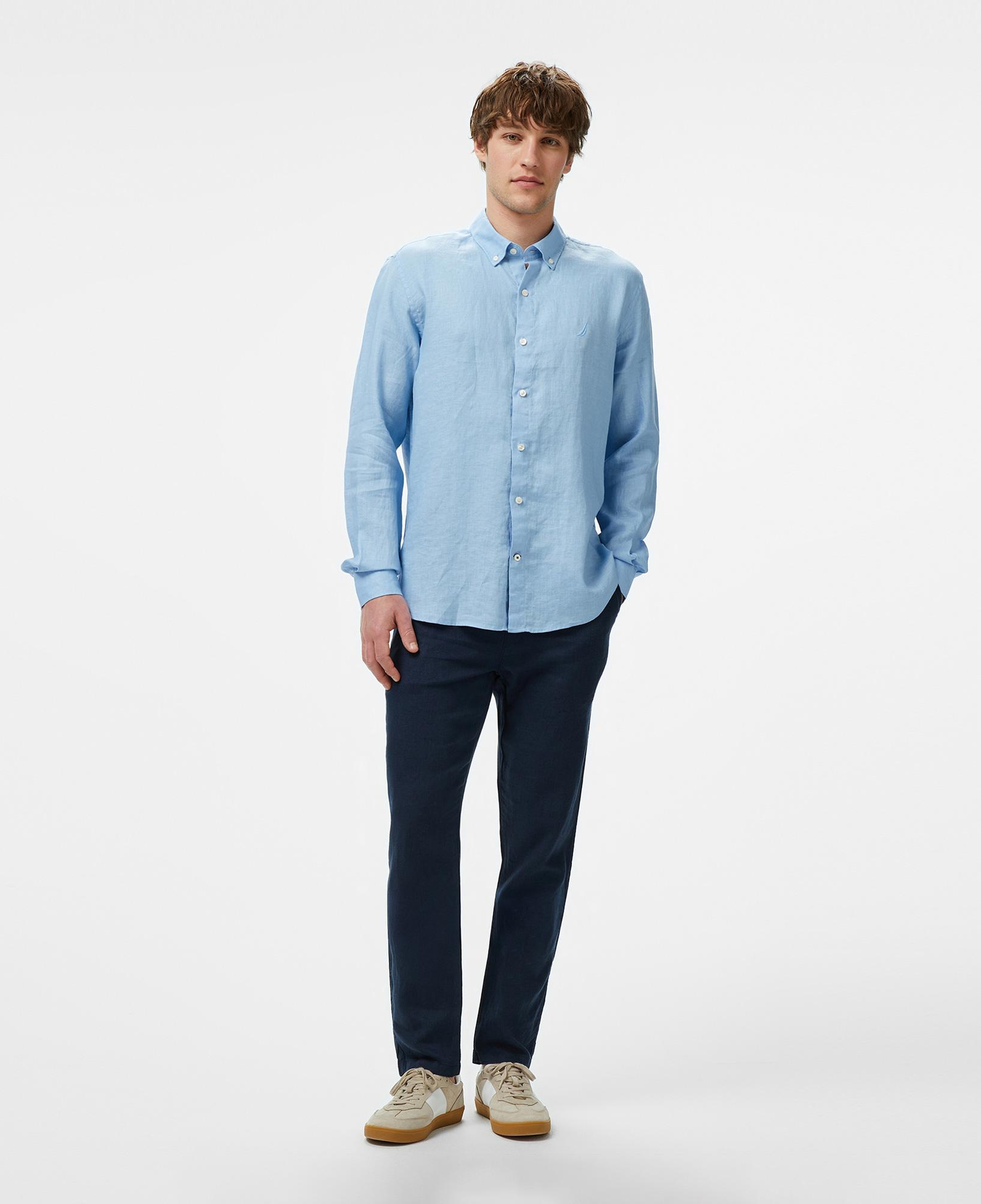 Nautica Erkek Mavi Classic Fit Keten Gömlek