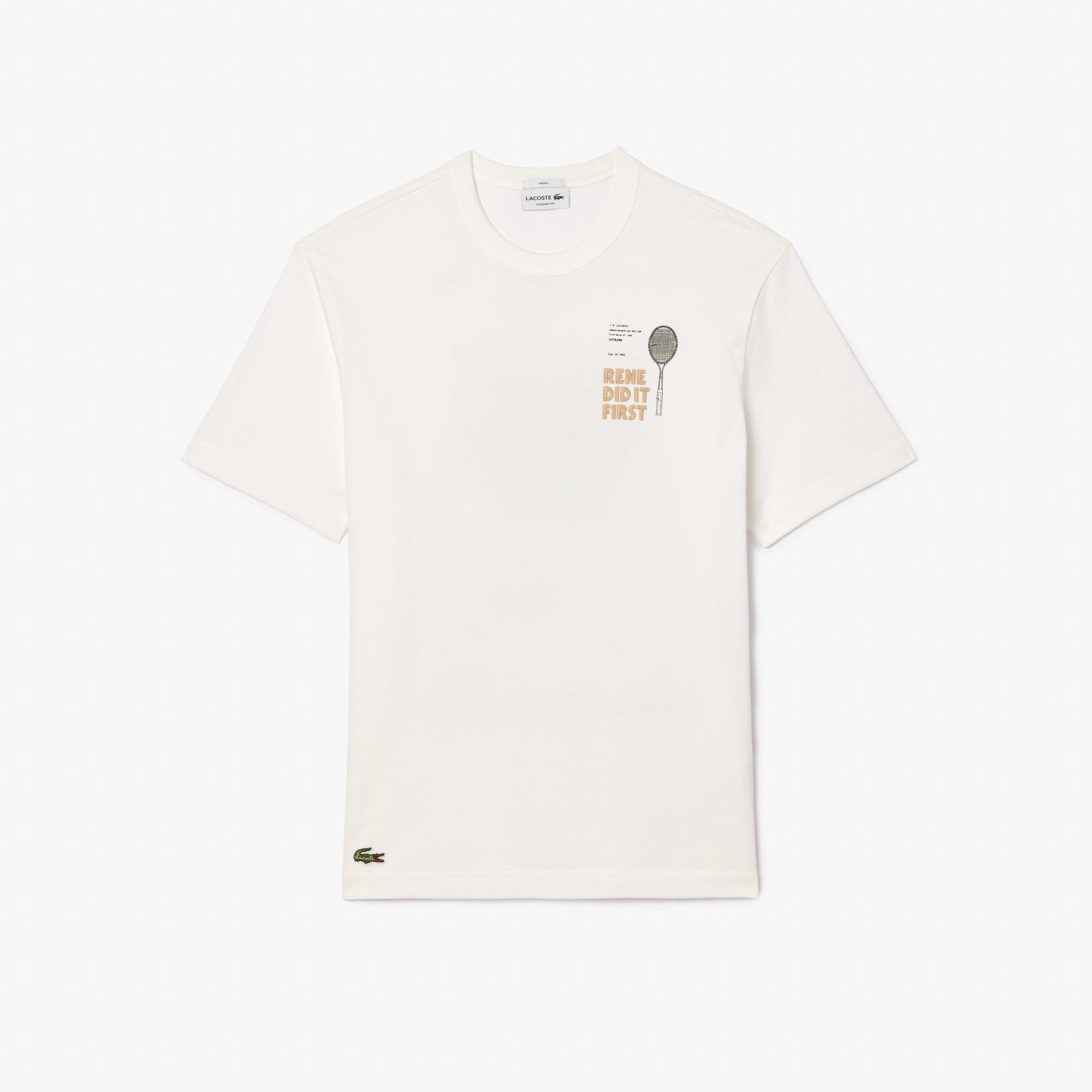 Unisex Classic Fit Bisiklet Yaka Baskılı Bej T-Shirt
