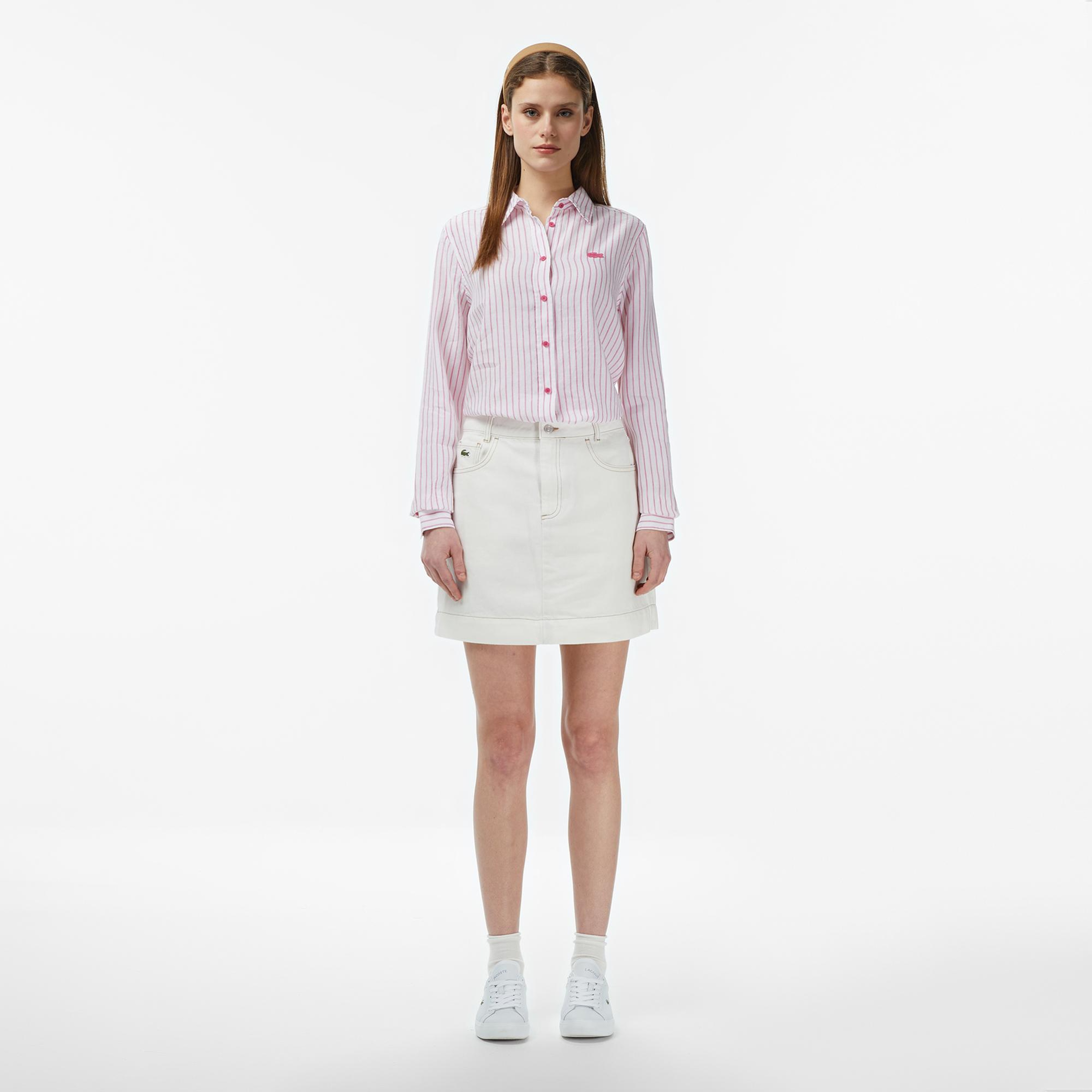 Kadın Relaxed Fit Keten Çizgili Pembe Gömlek