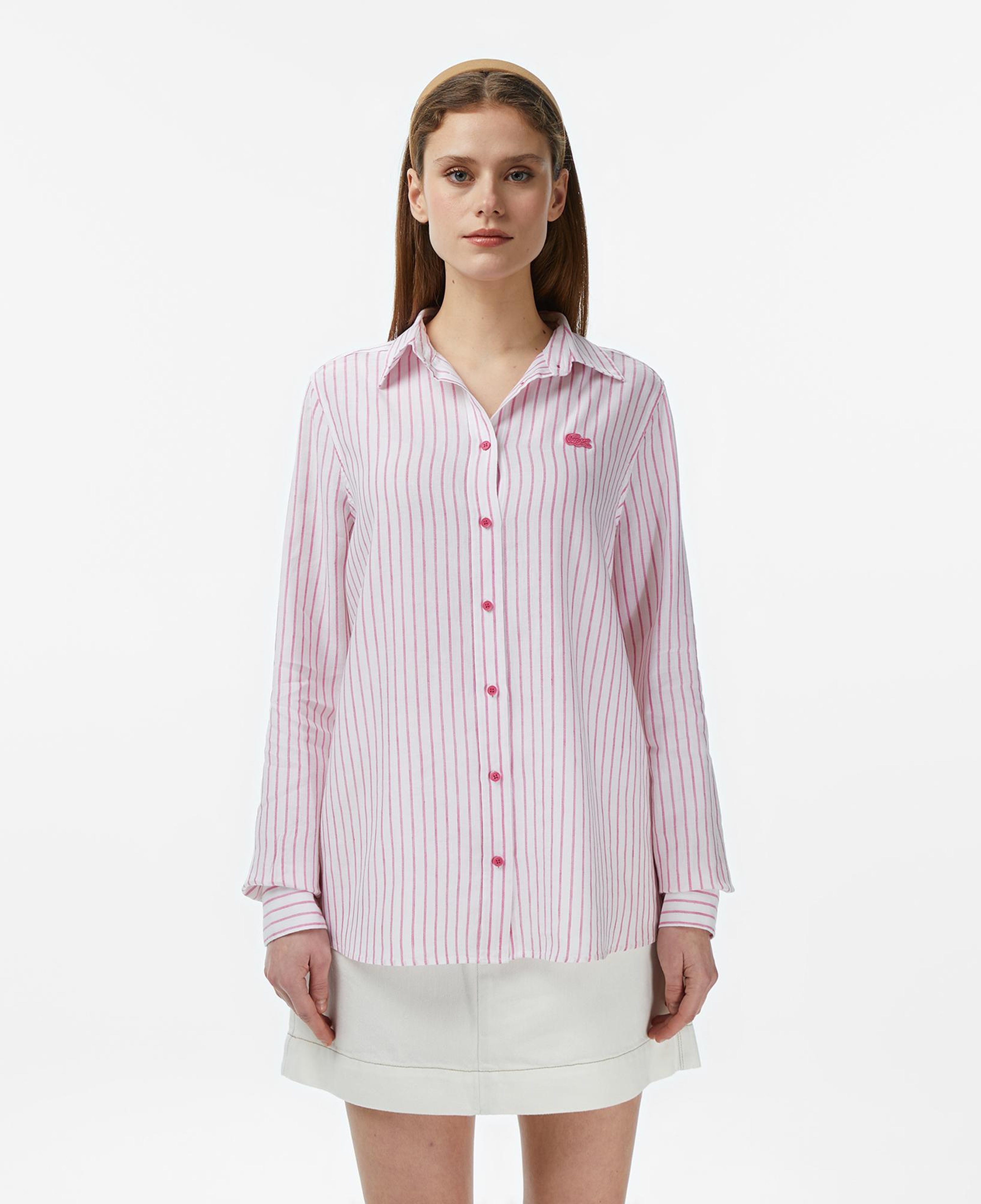 Kadın Relaxed Fit Keten Çizgili Pembe Gömlek