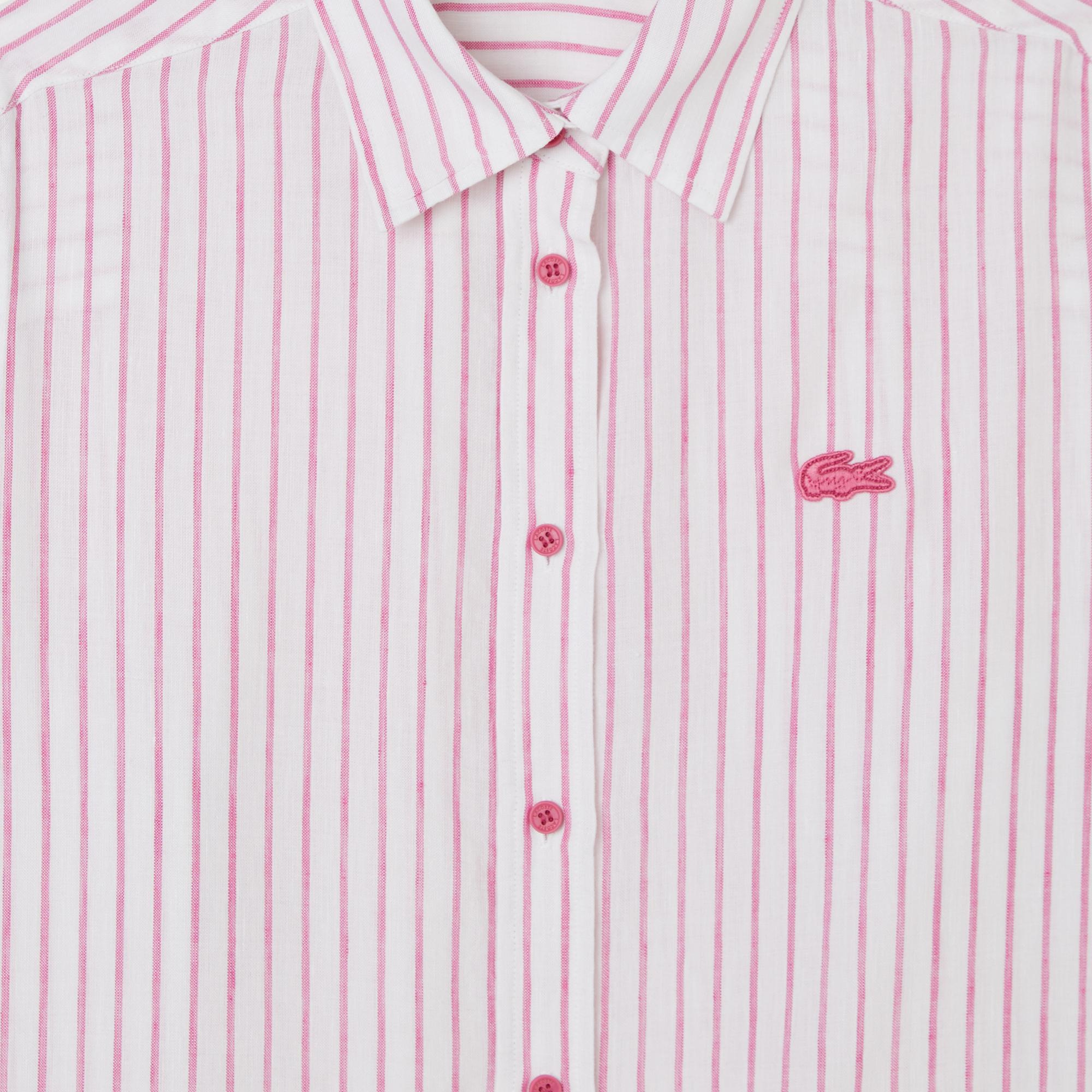 Kadın Relaxed Fit Keten Çizgili Pembe Gömlek