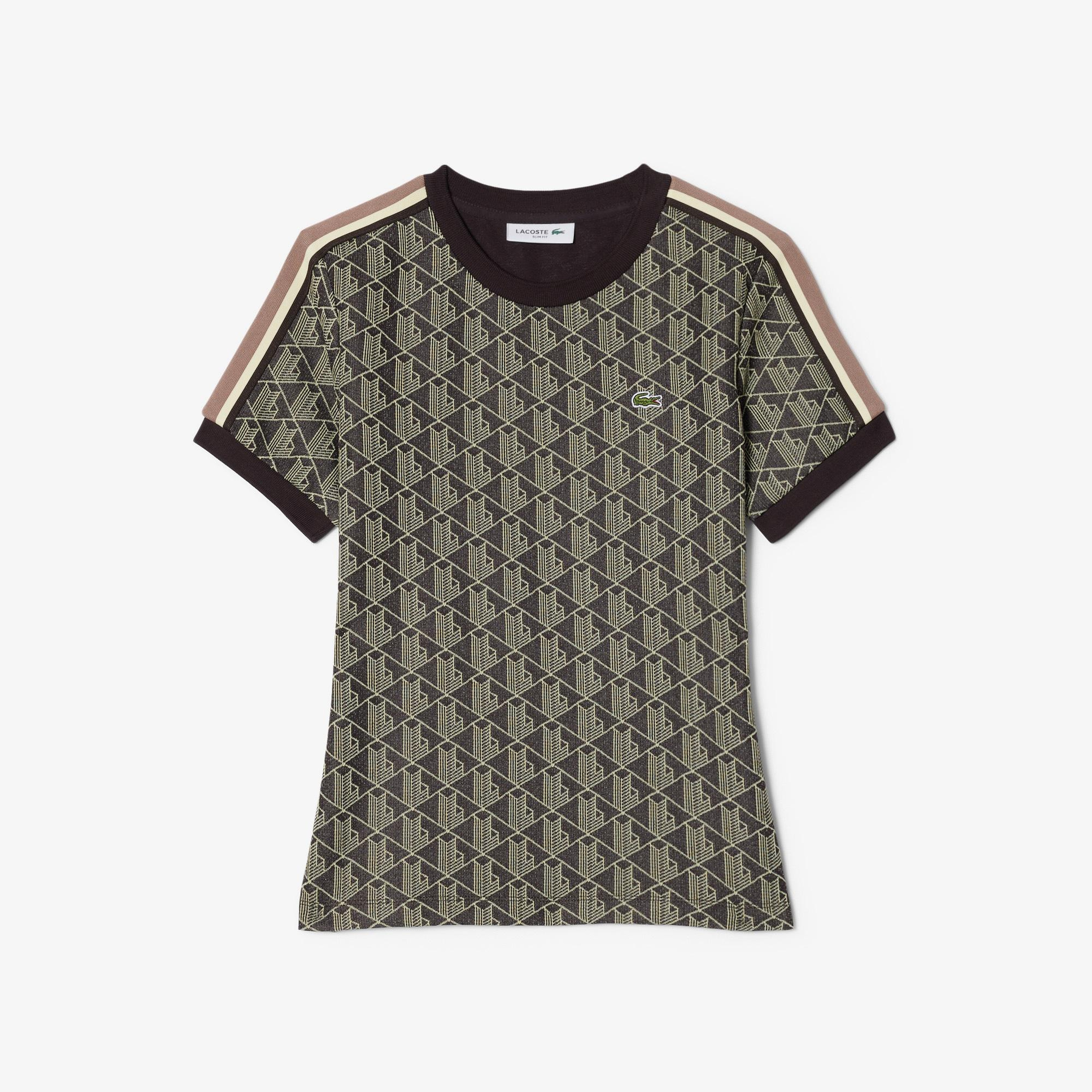 Kadın Slim Fit Bisiklet Yaka Monogram Kahverengi T-Shirt