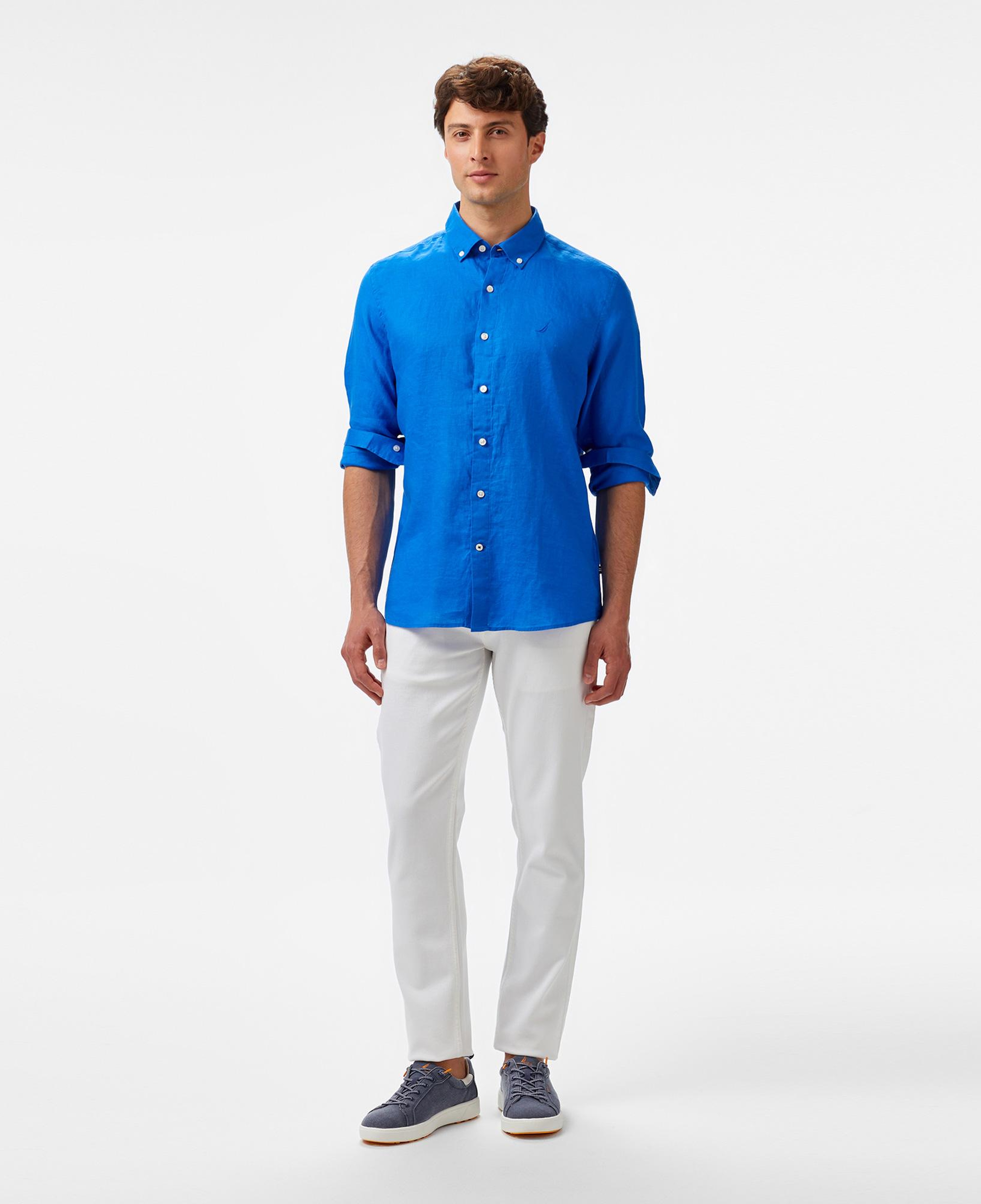 Nautica Erkek Mavi Classic Fit Keten Gömlek