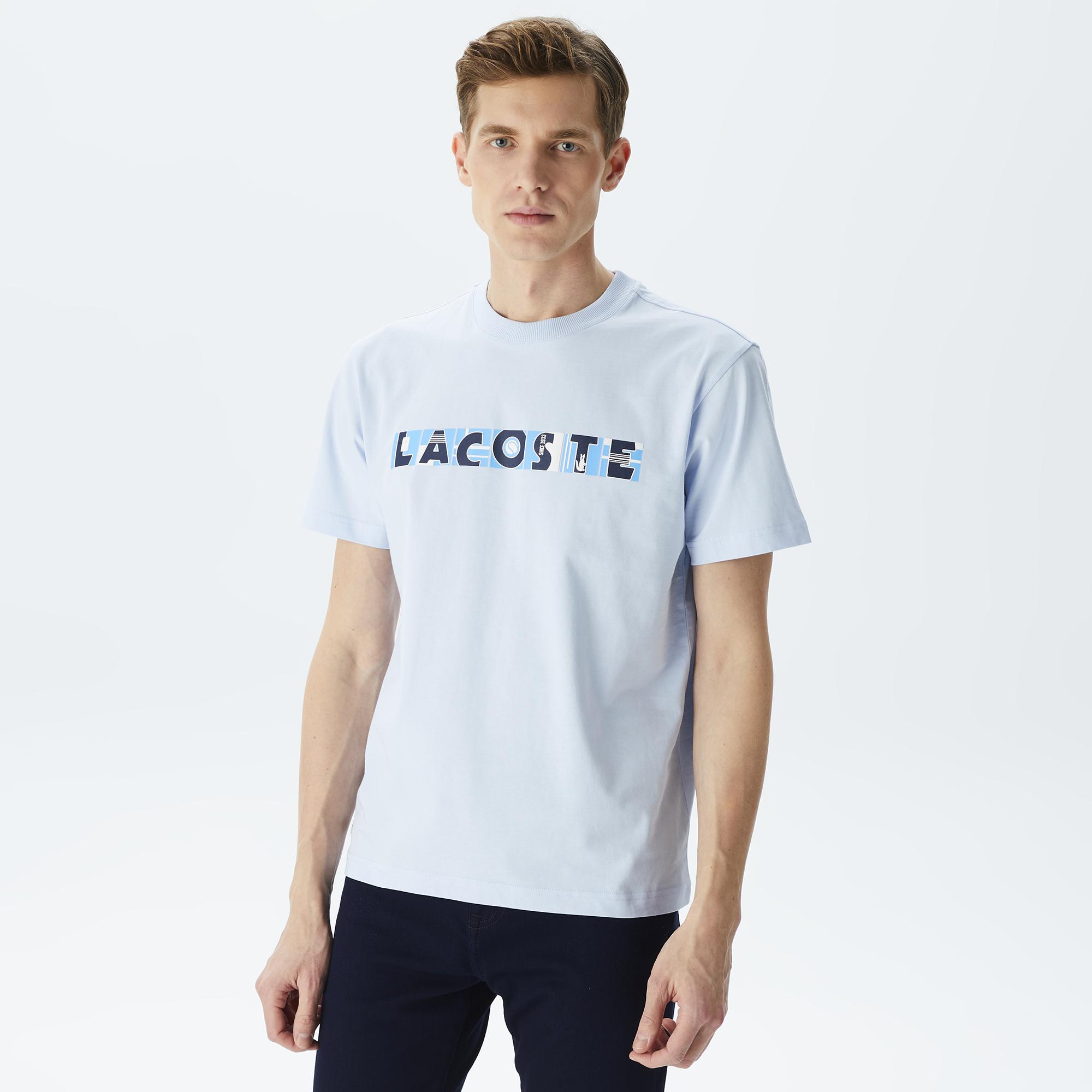 Erkek Relaxed Fit Bisiklet Yaka Baskılı Mavi T-Shirt