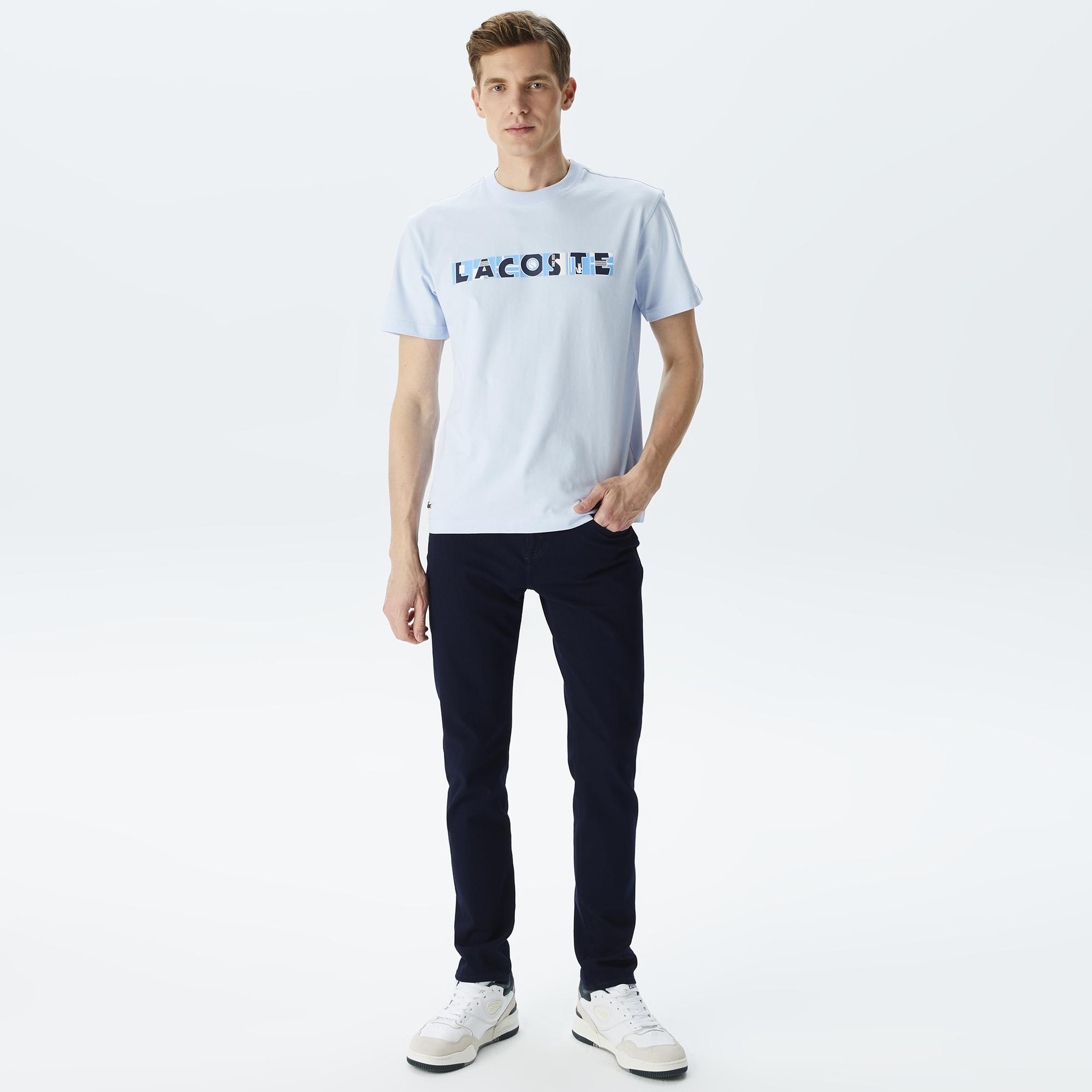 Erkek Relaxed Fit Bisiklet Yaka Baskılı Mavi T-Shirt