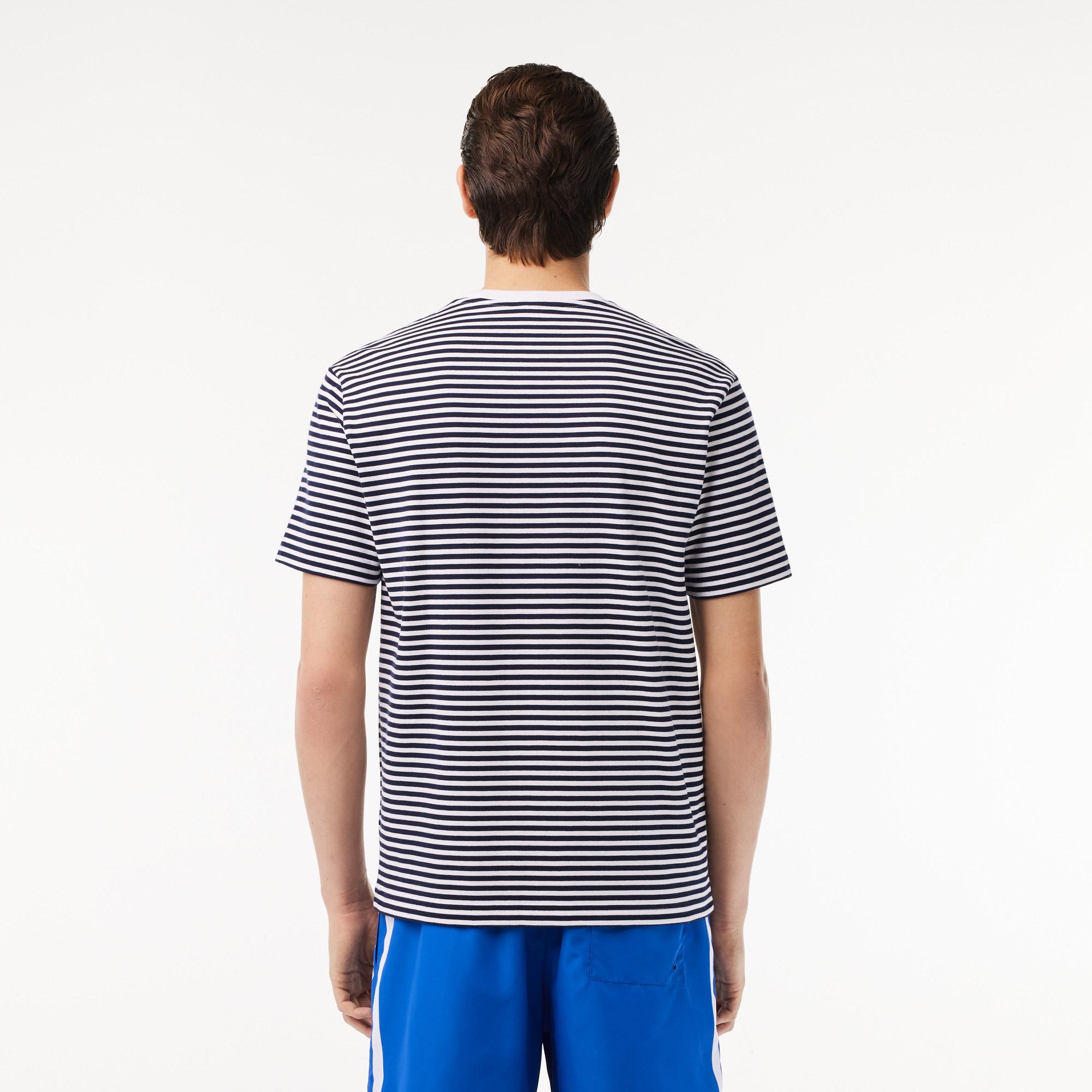 Erkek Classic Fit Bisiklet Yaka Çizgili Beyaz T-Shirt
