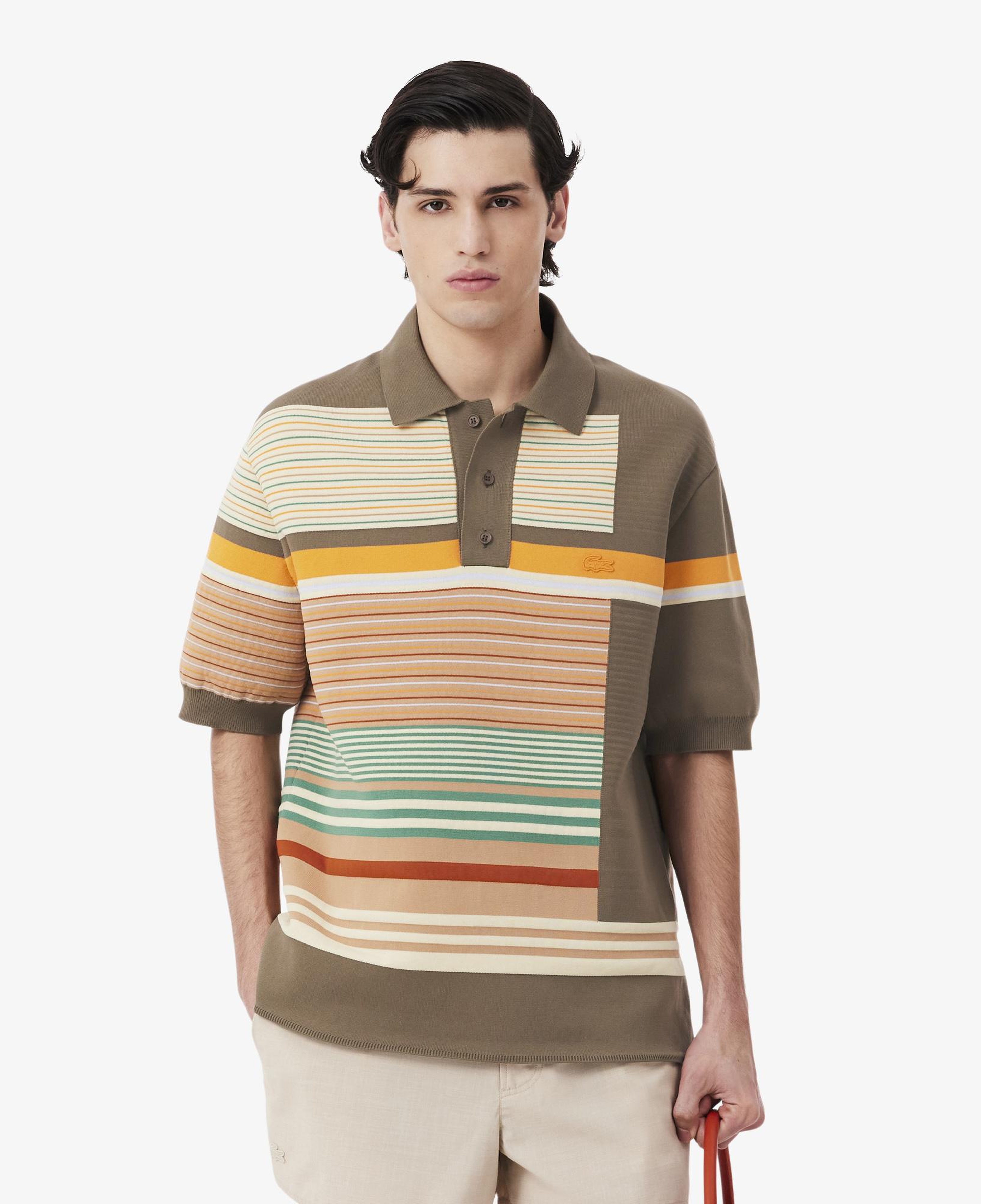 SS26 RUNWAY Erkek Loose Fit Kısa Kollu Polo Yaka Çizgili Kahverengi Triko