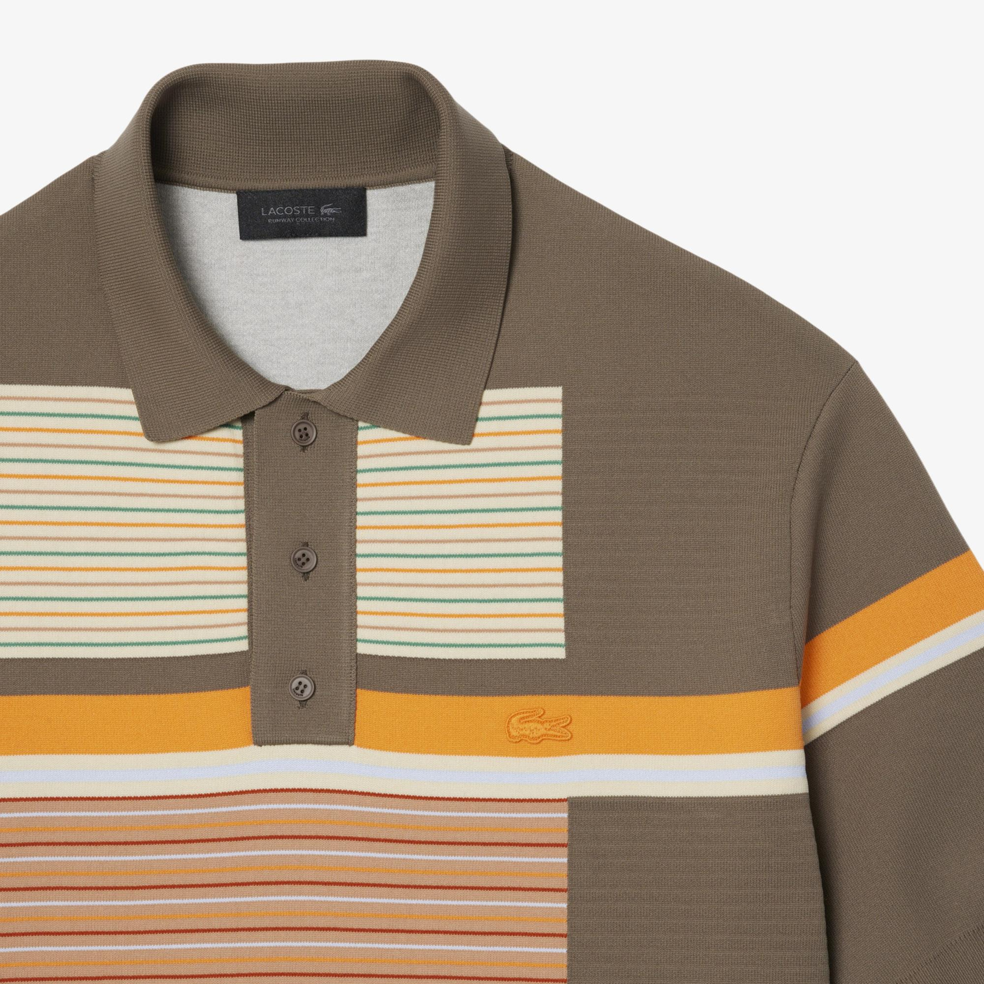 SS26 RUNWAY Erkek Loose Fit Kısa Kollu Polo Yaka Çizgili Kahverengi Triko