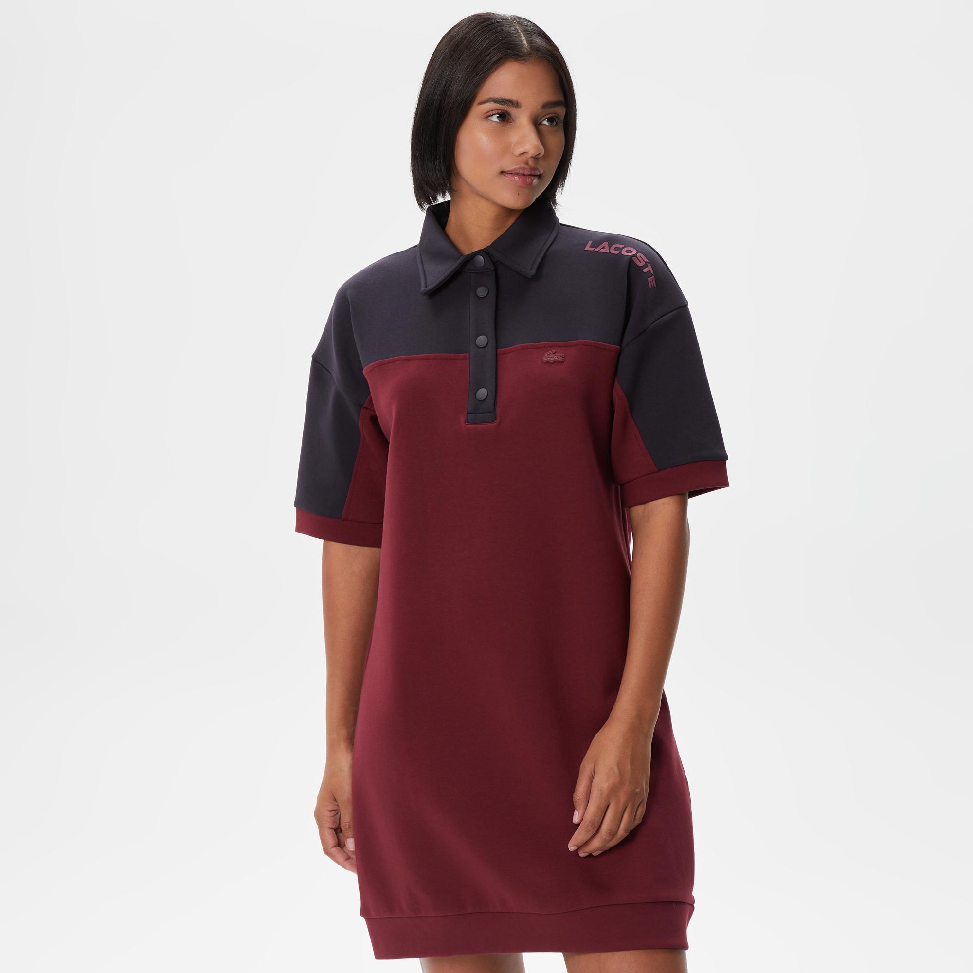 Kadın Regular Fit Kısa Kollu Polo Yaka Renk Bloklu Bordo Elbise