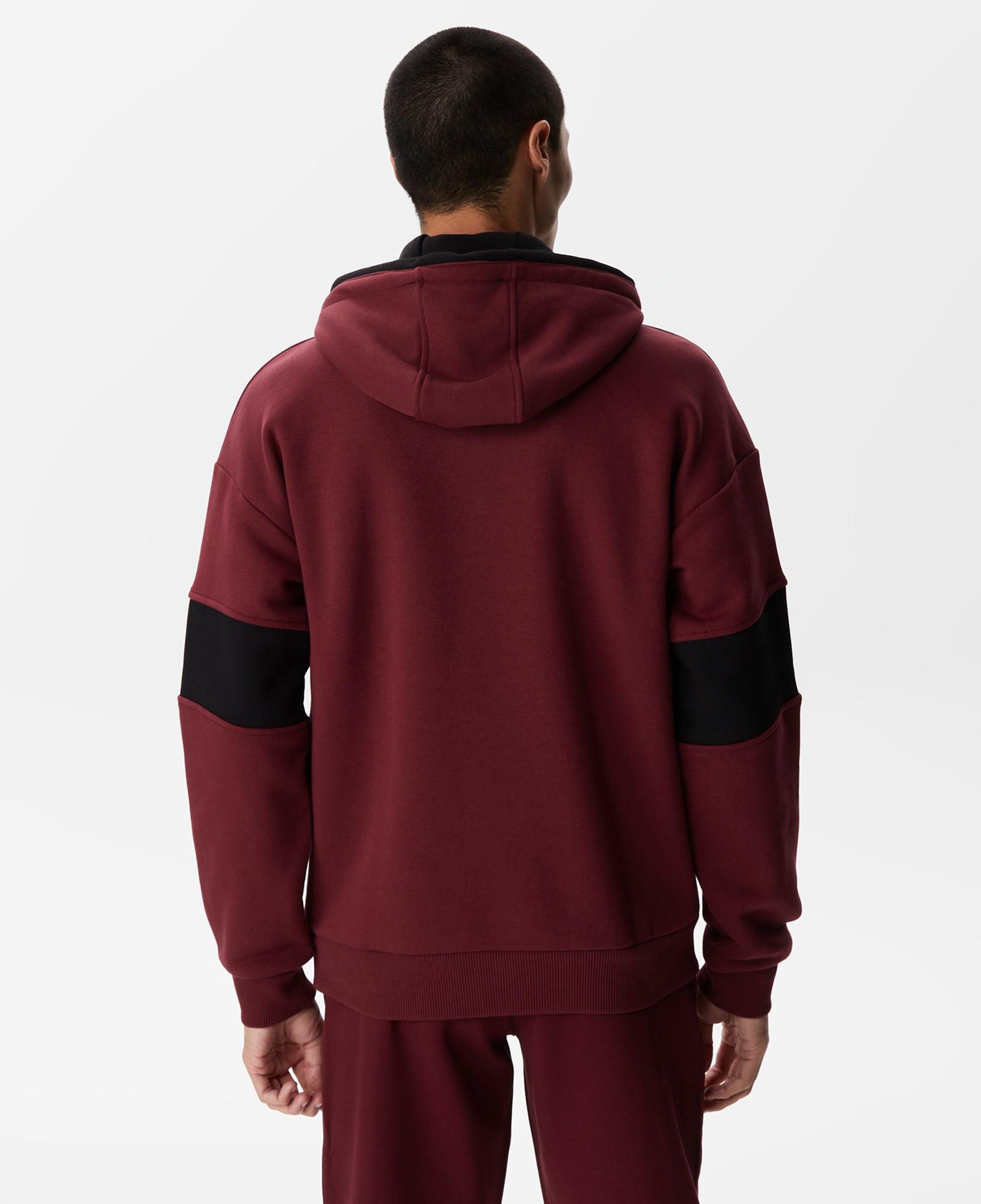 Erkek Relaxed Fit Kapüşonlu Renk Bloklu Bordo Sweatshirt