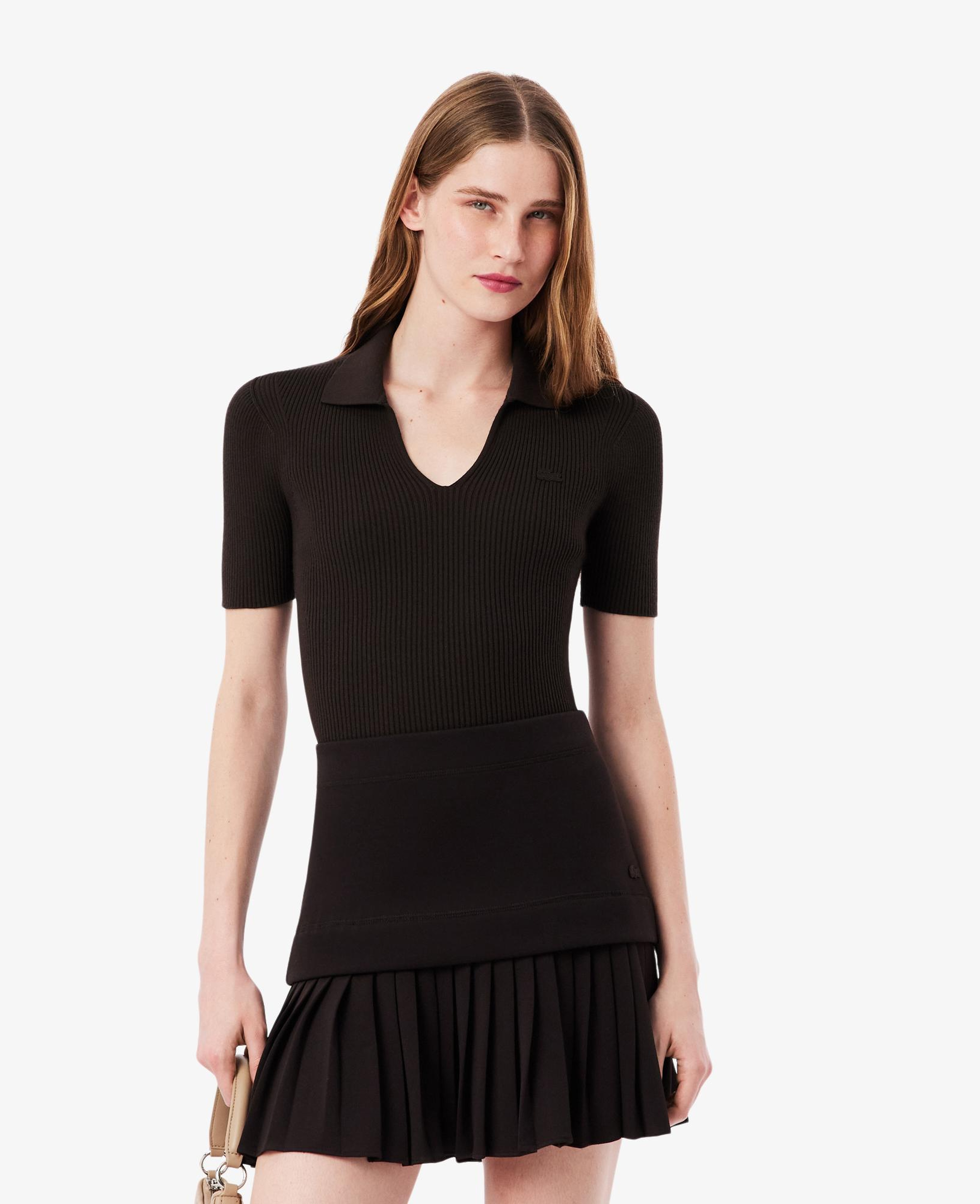 Kadın Slim Fit Kısa Kollu Polo Yaka Kahverengi Triko
