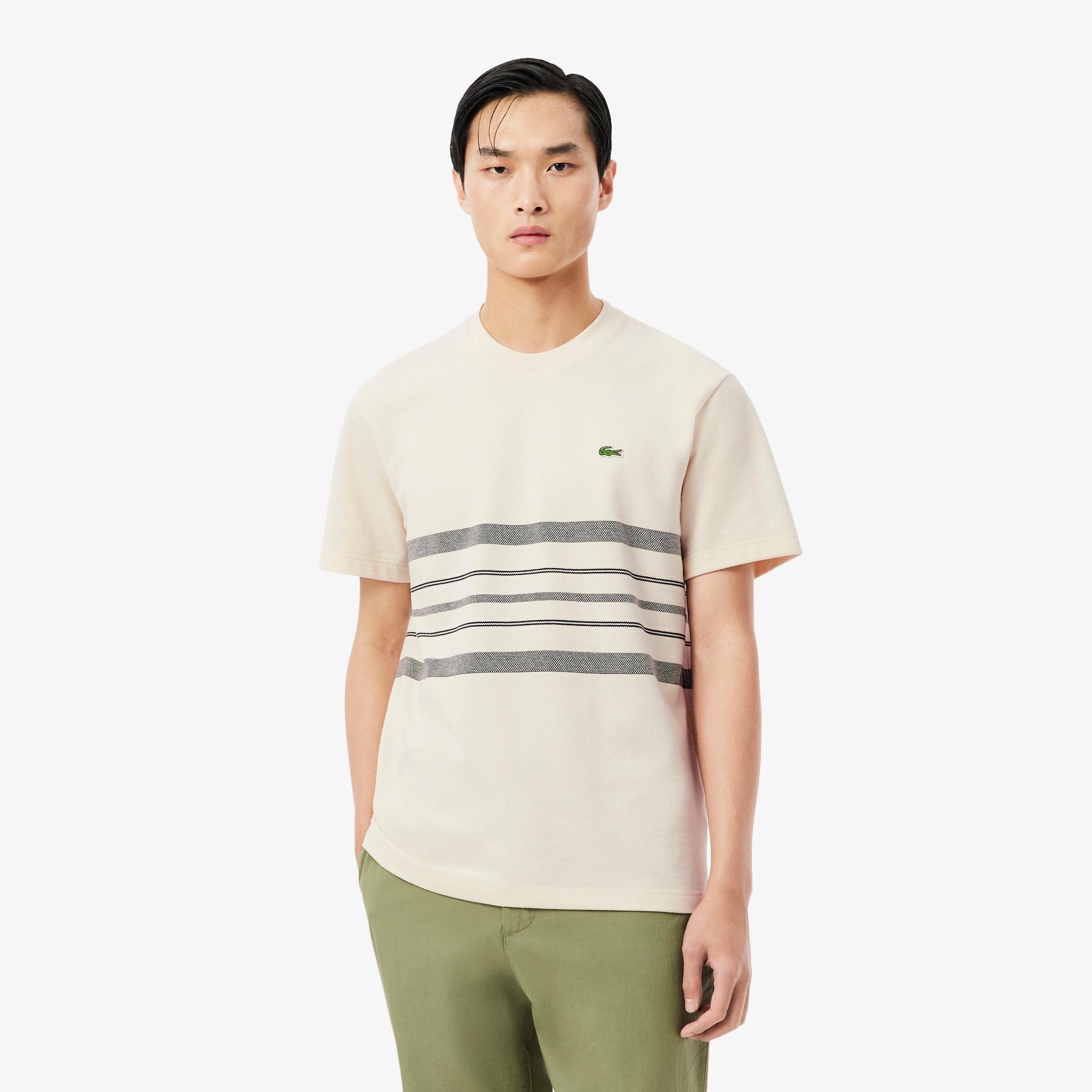 Erkek Classic Fit Bisiklet Yaka Çizgili Krem T-Shirt