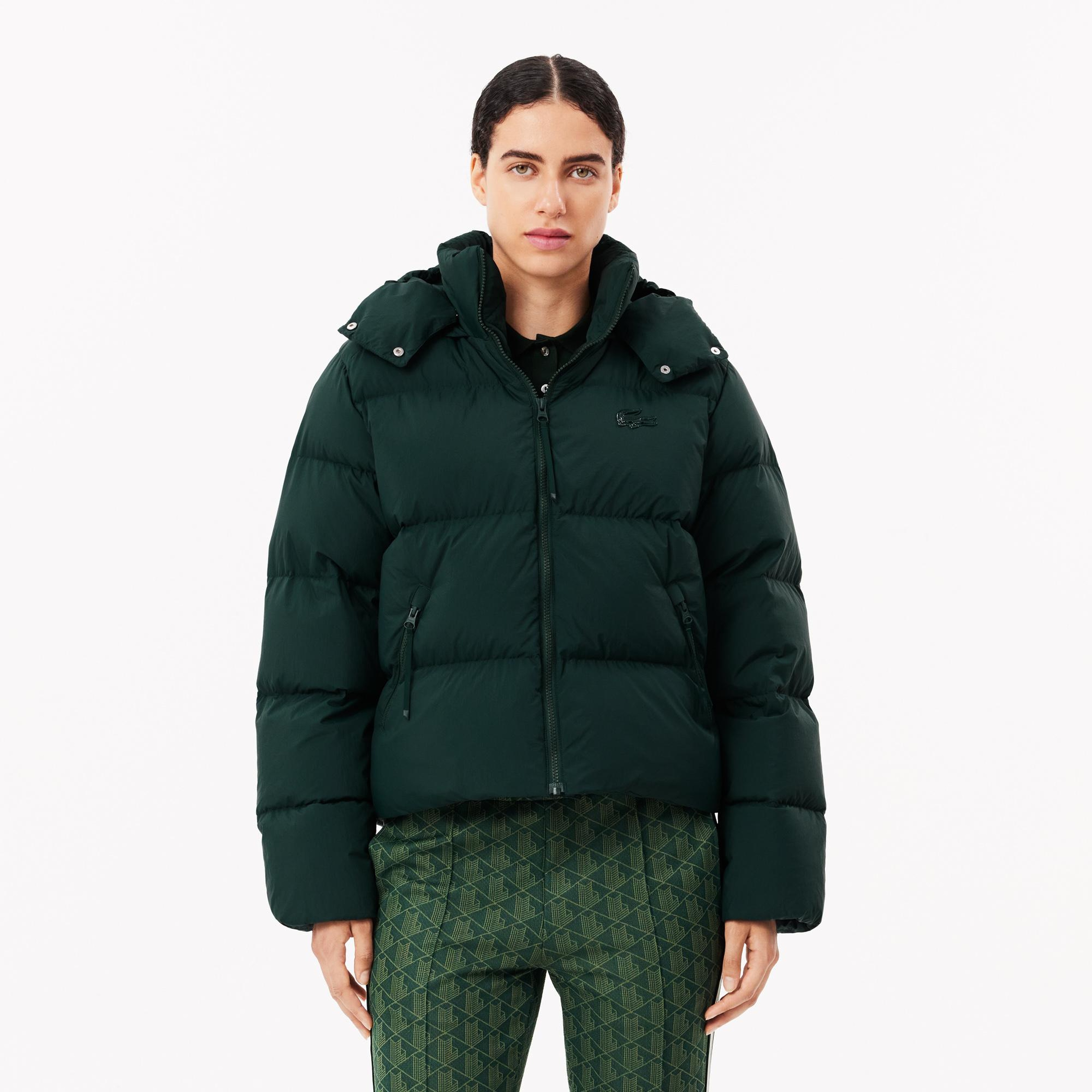 Kadın Relaxed Fit Kapüşonlu Koyu Yeşil Şişme Mont