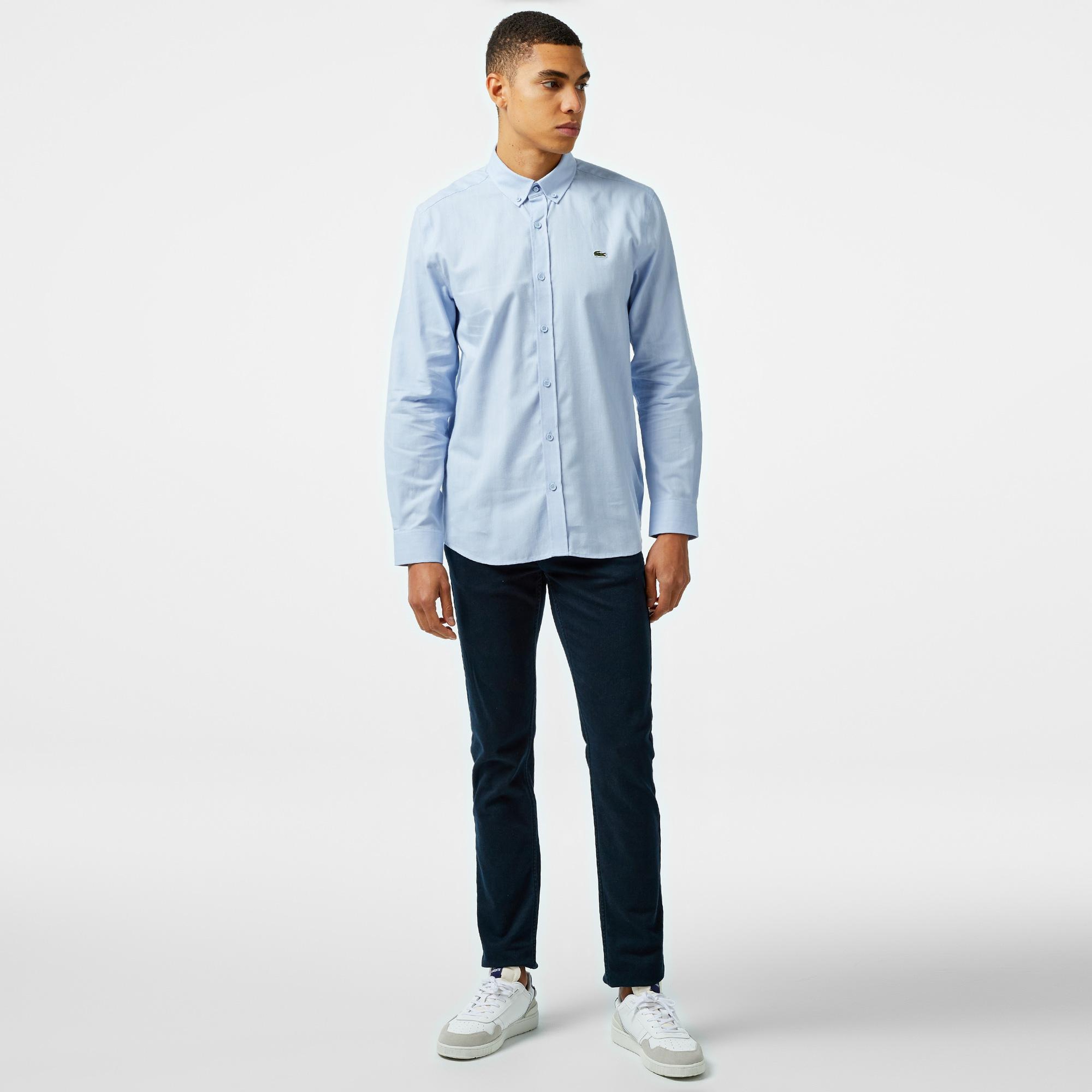 Erkek Slim Fit Düğmeli Yaka Mavi Gömlek