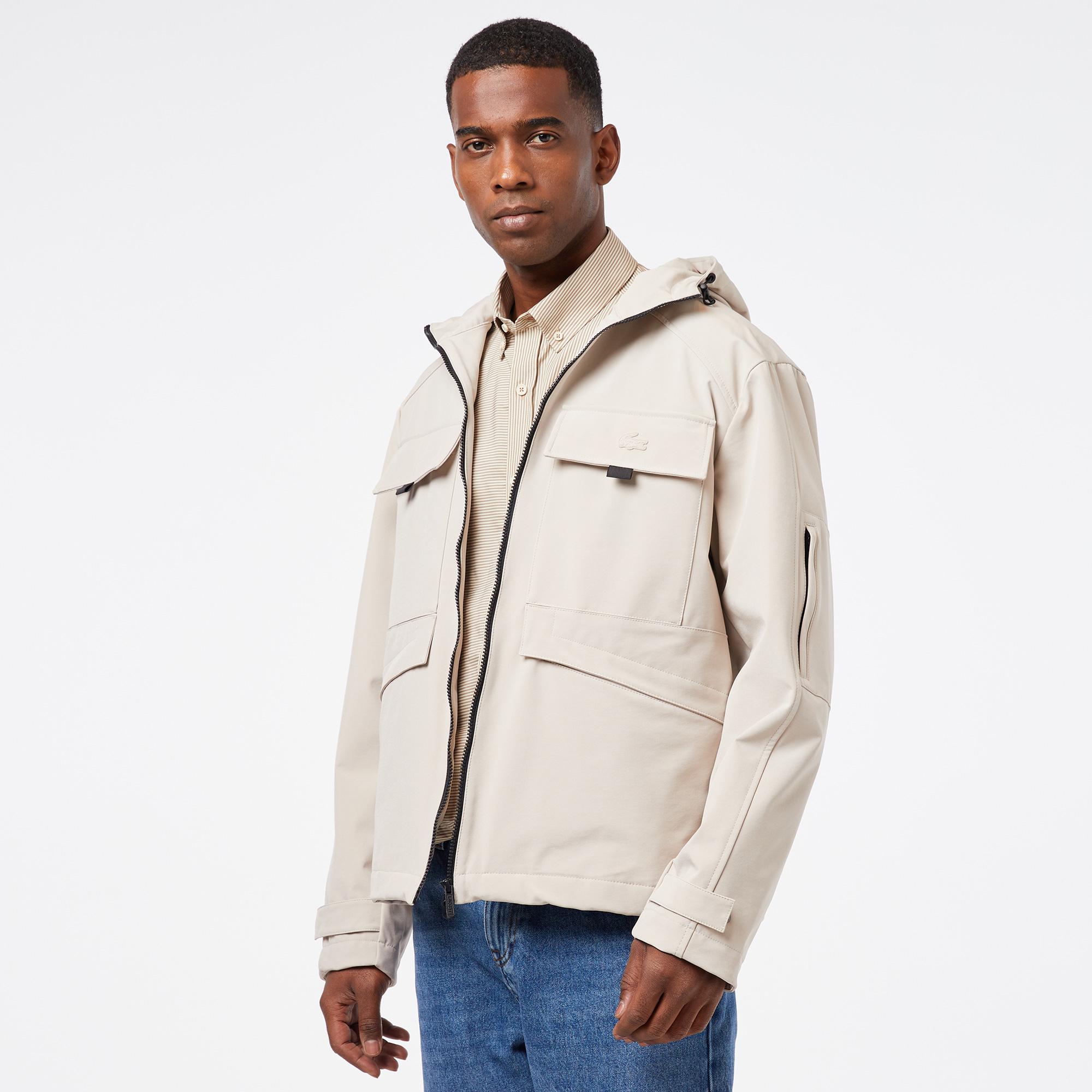 Lacoste Erkek Relaxed Fit Kapüşonlu Baskılı Krem Yağmurluk