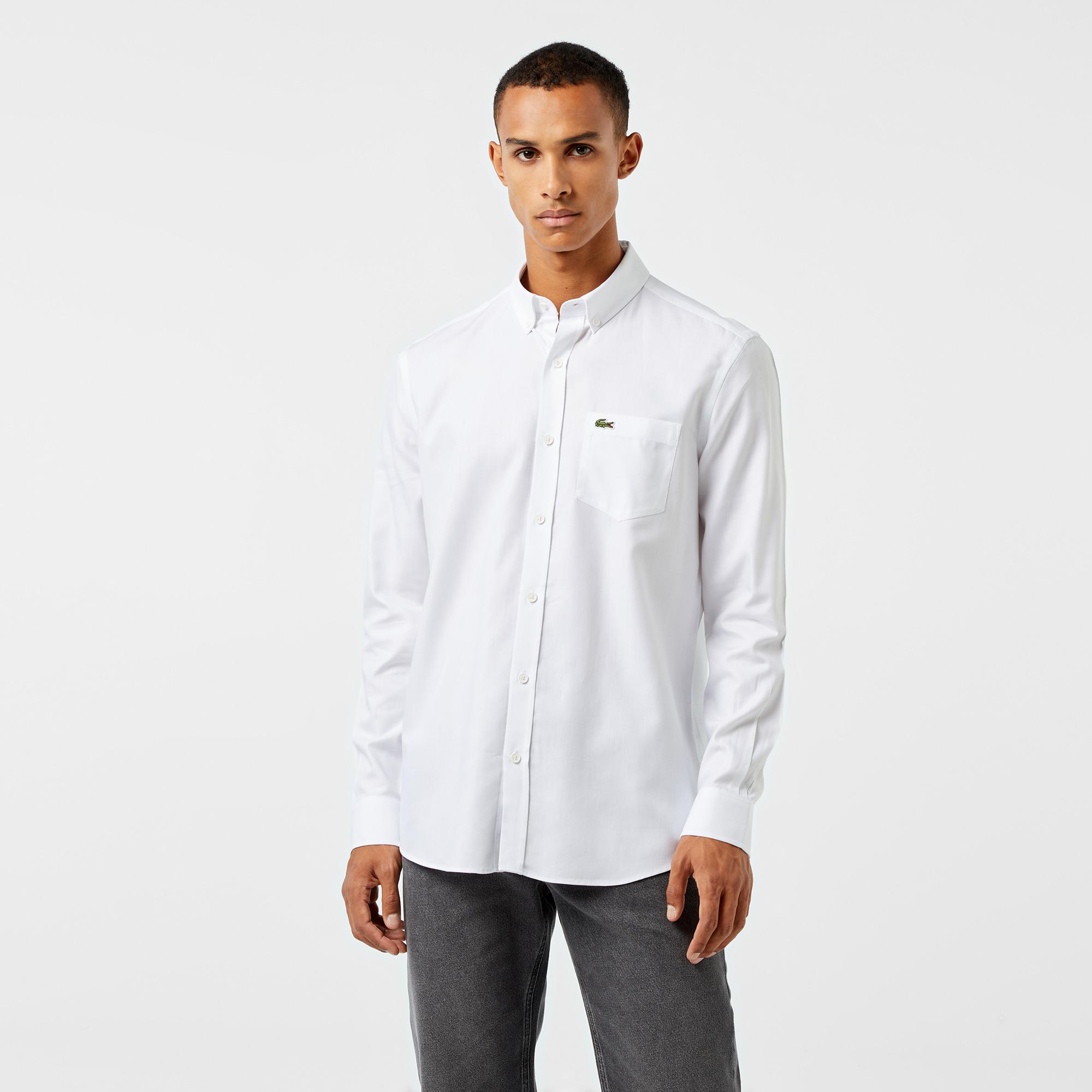 Erkek Slim Fit Düğmeli Yaka Beyaz Gömlek