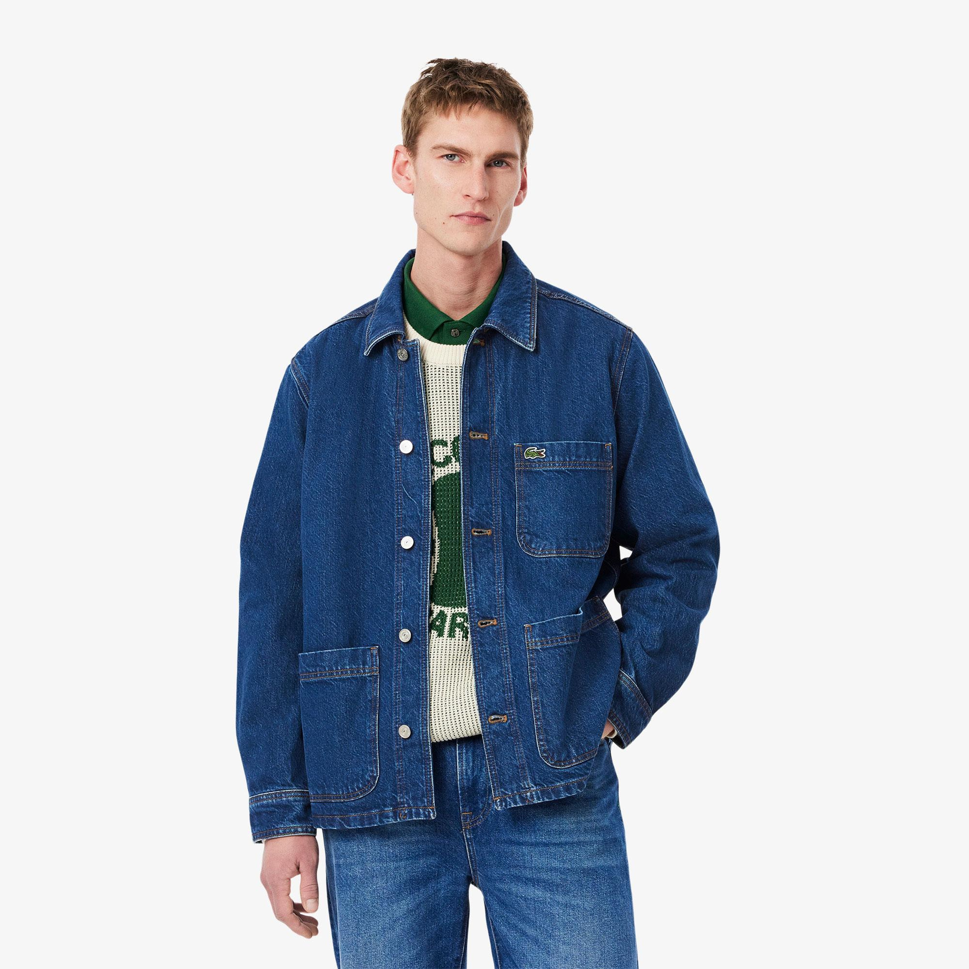 Erkek Oversize Fit Gömlek Yaka Denim Koyu Mavi Ceket