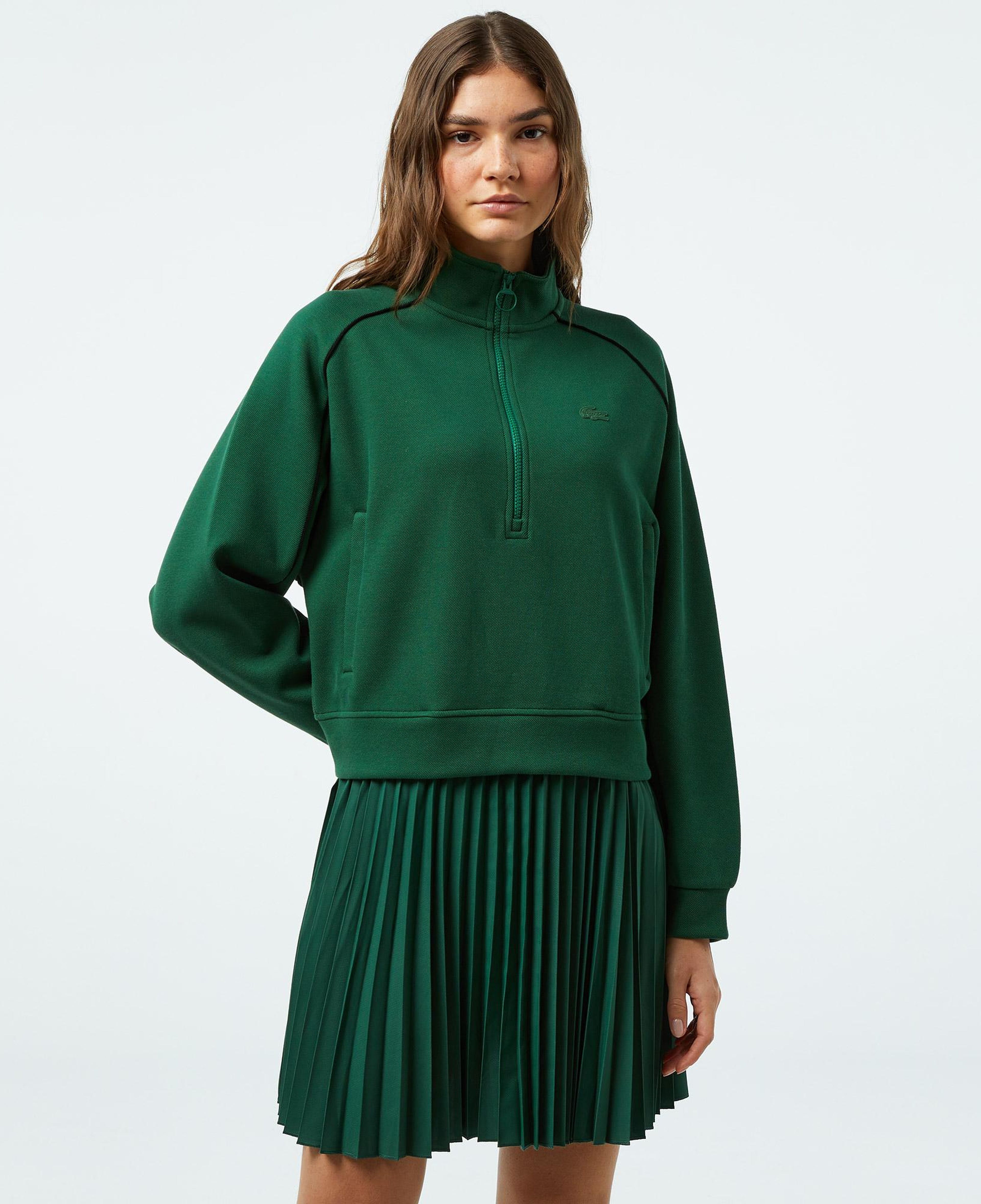 Kadın Flare Fit Uzun Kollu Yarım Fermuarlı Yaka Koyu Yeşil Elbise