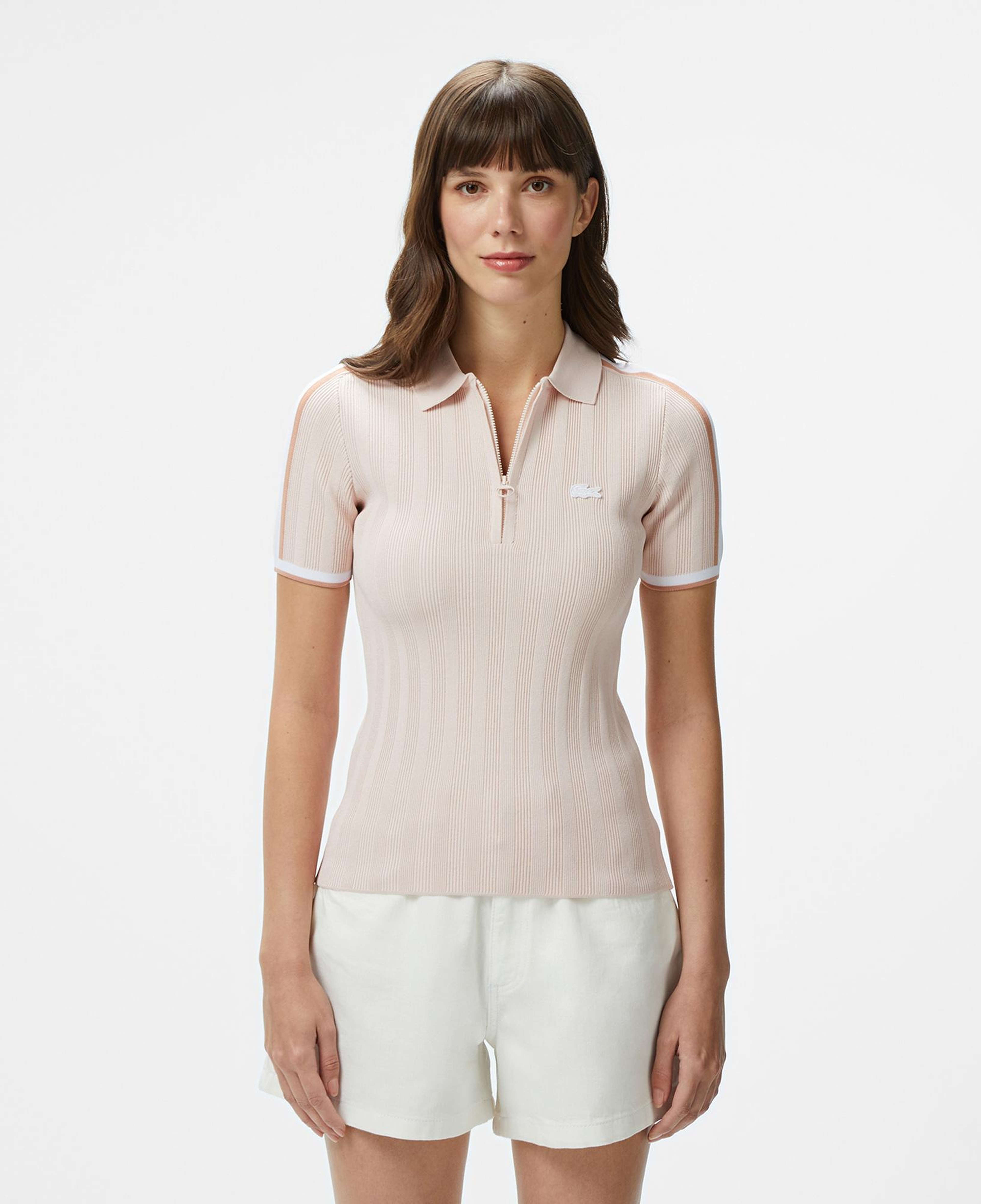 Lacoste Kadın Slim Fit Kısa Kollu Yarım Fermuarlı Krem Triko