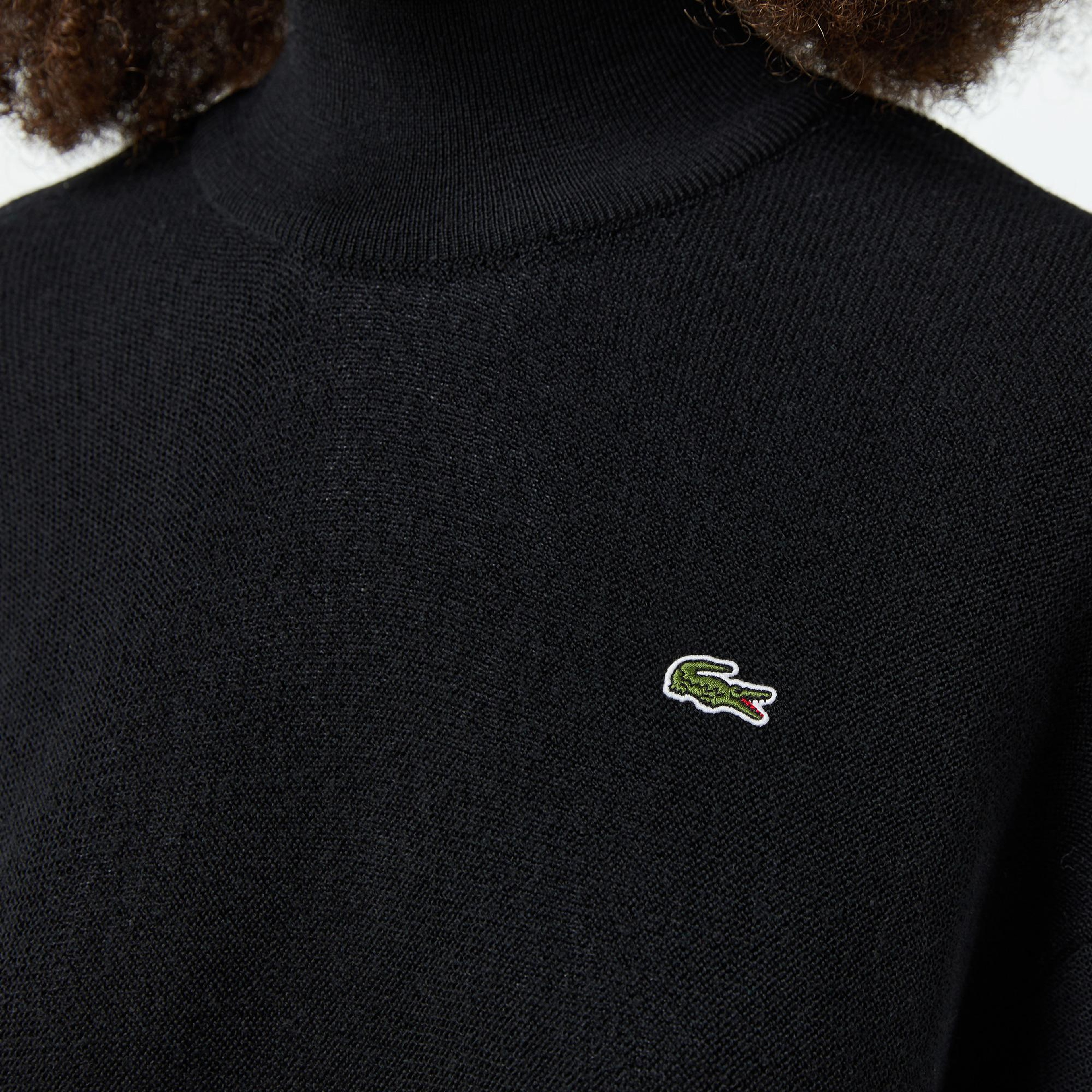 Lacoste Kadın Relaxed Fit Dik Yaka Yün Siyah Triko