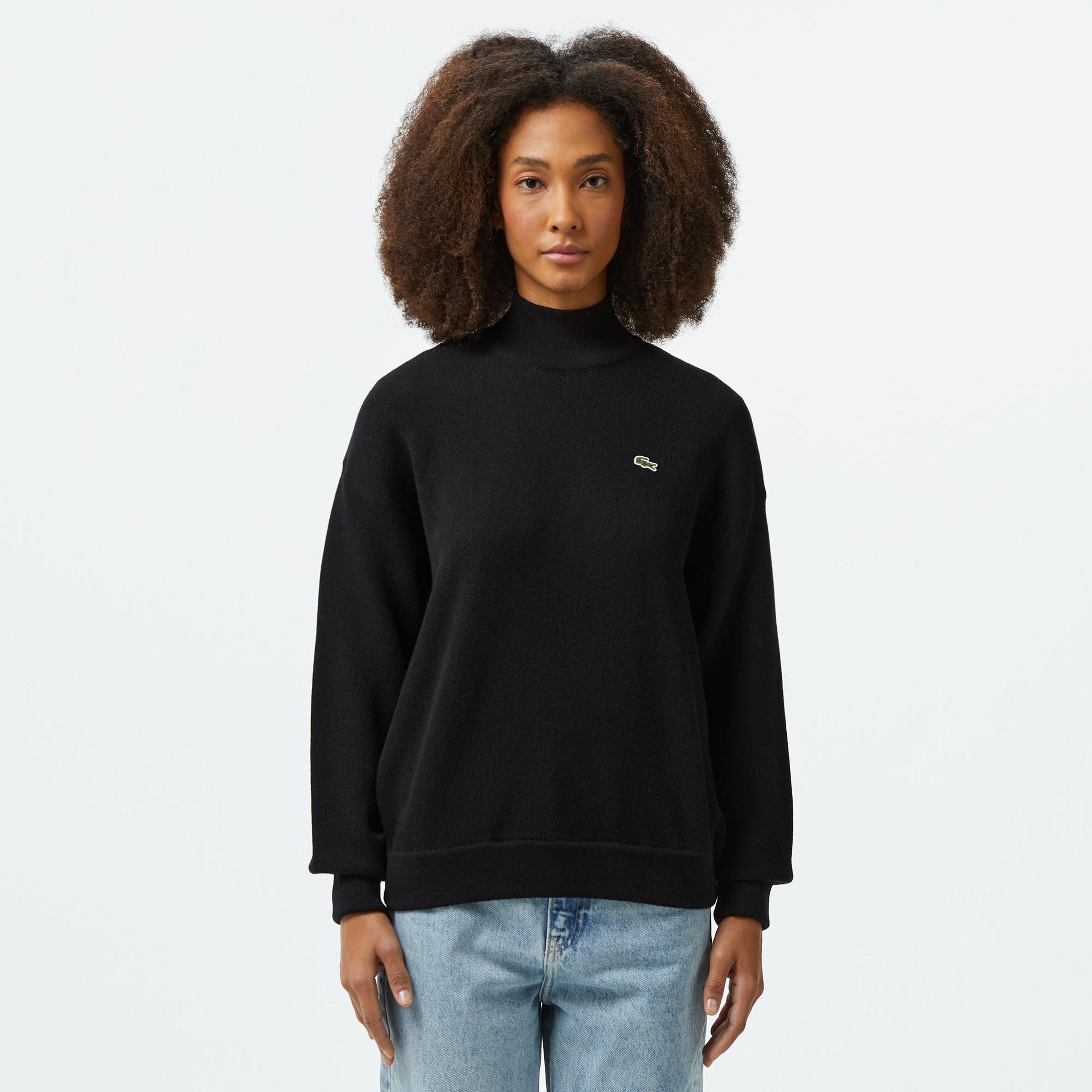 Lacoste Kadın Relaxed Fit Dik Yaka Yün Siyah Triko