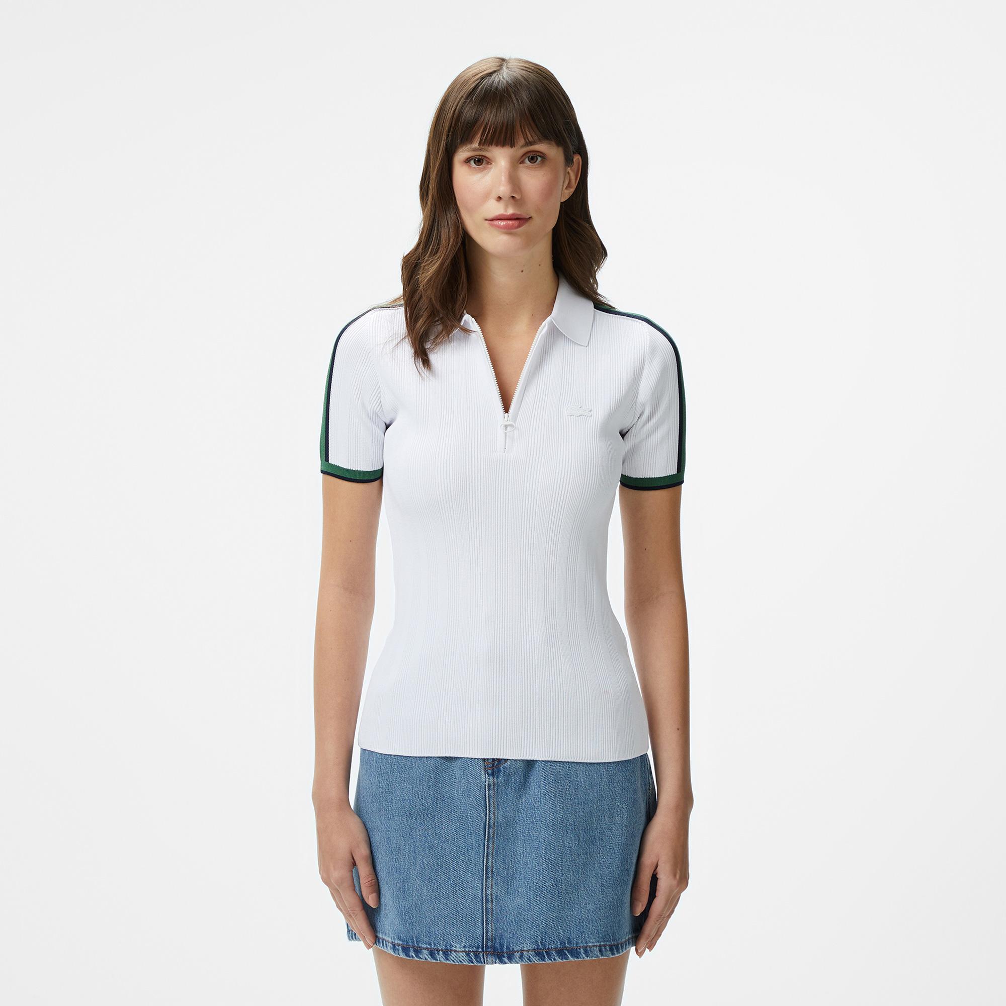 Kadın Slim Fit Kısa Kollu Yarım Fermuarlı Beyaz Polo