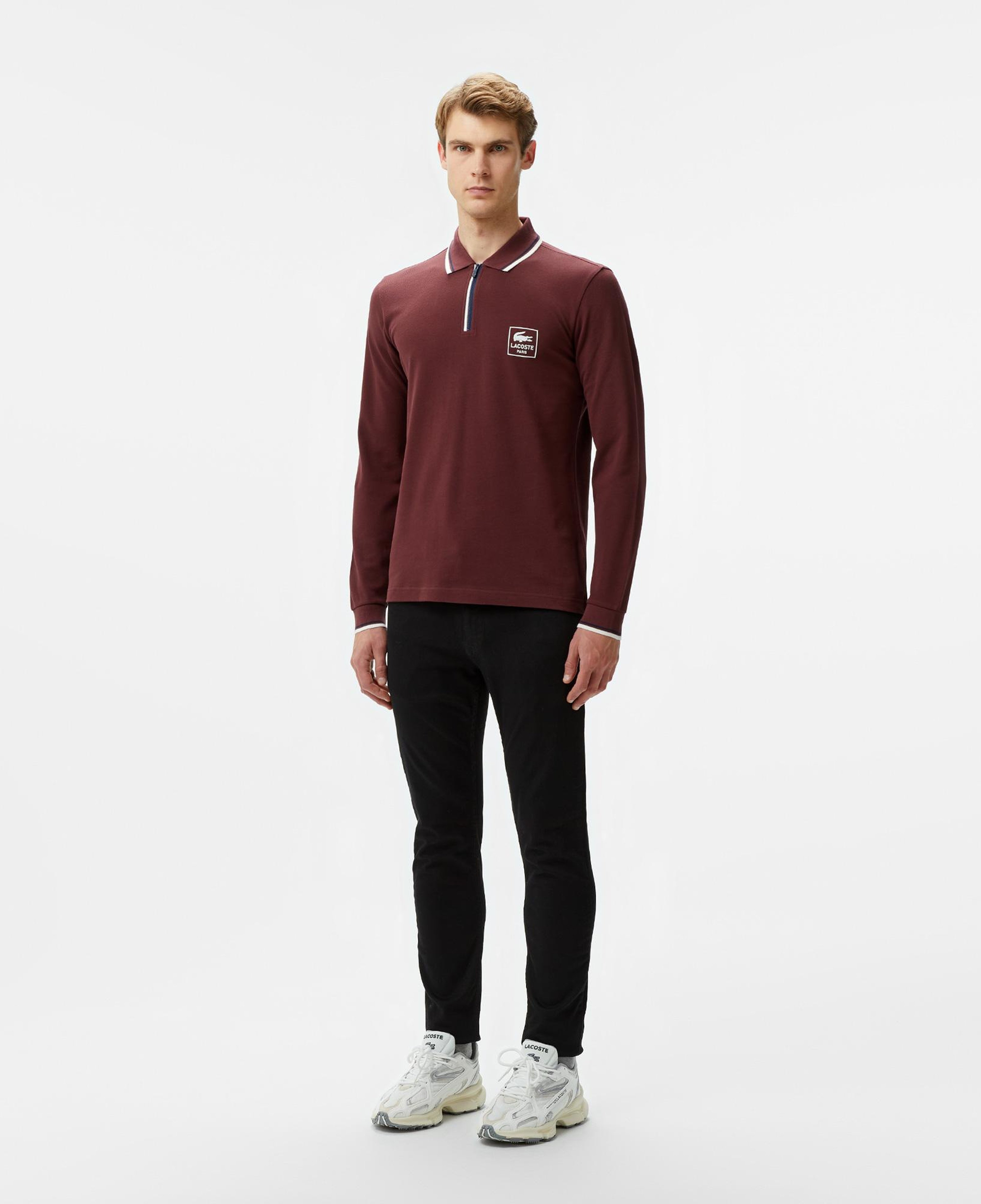 Erkek Regular Fit Uzun Kollu Yarım Fermuarlı Bordo Polo