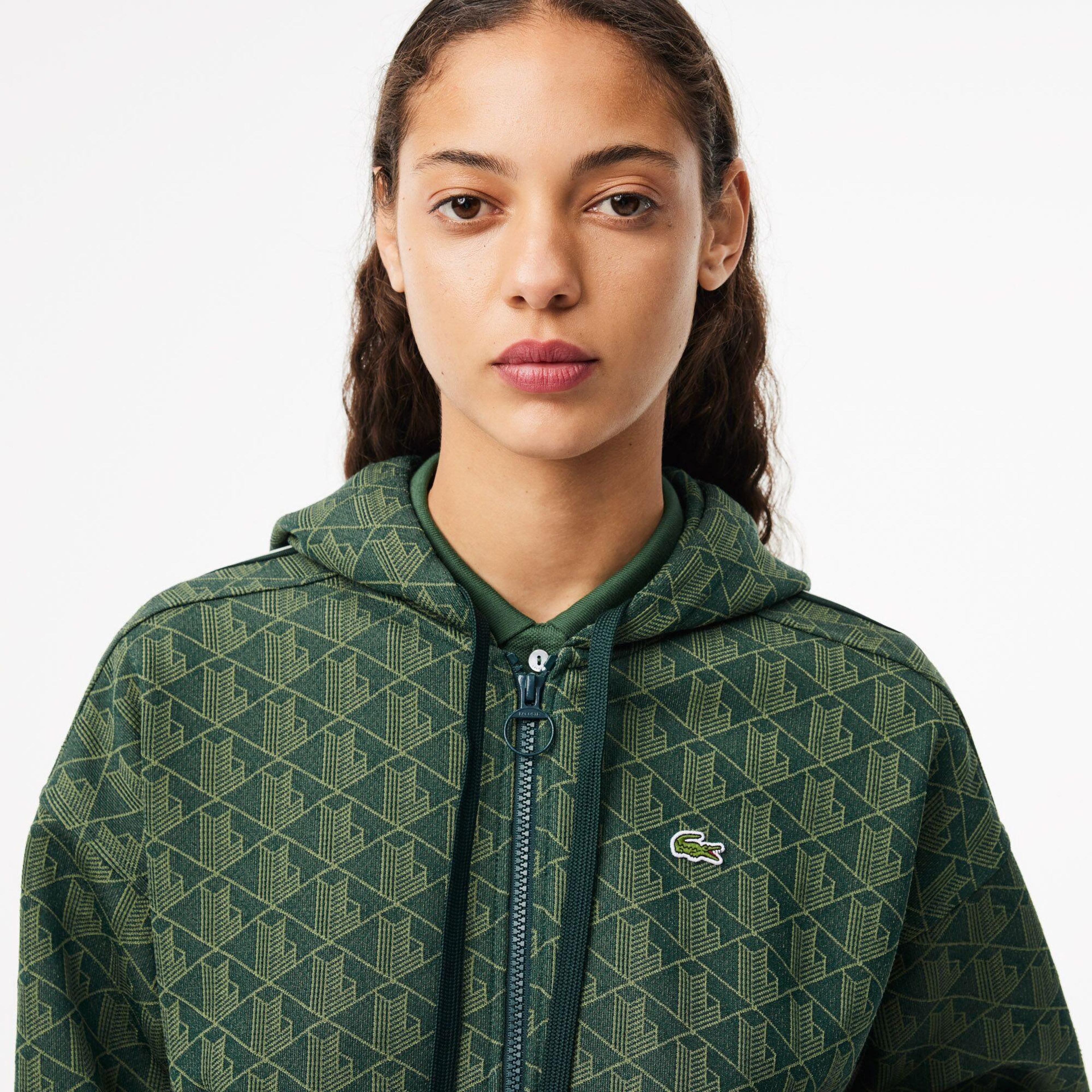 Kadın Regular Fit Kapüşonlu Monogram Koyu Yeşil Sweatshirt