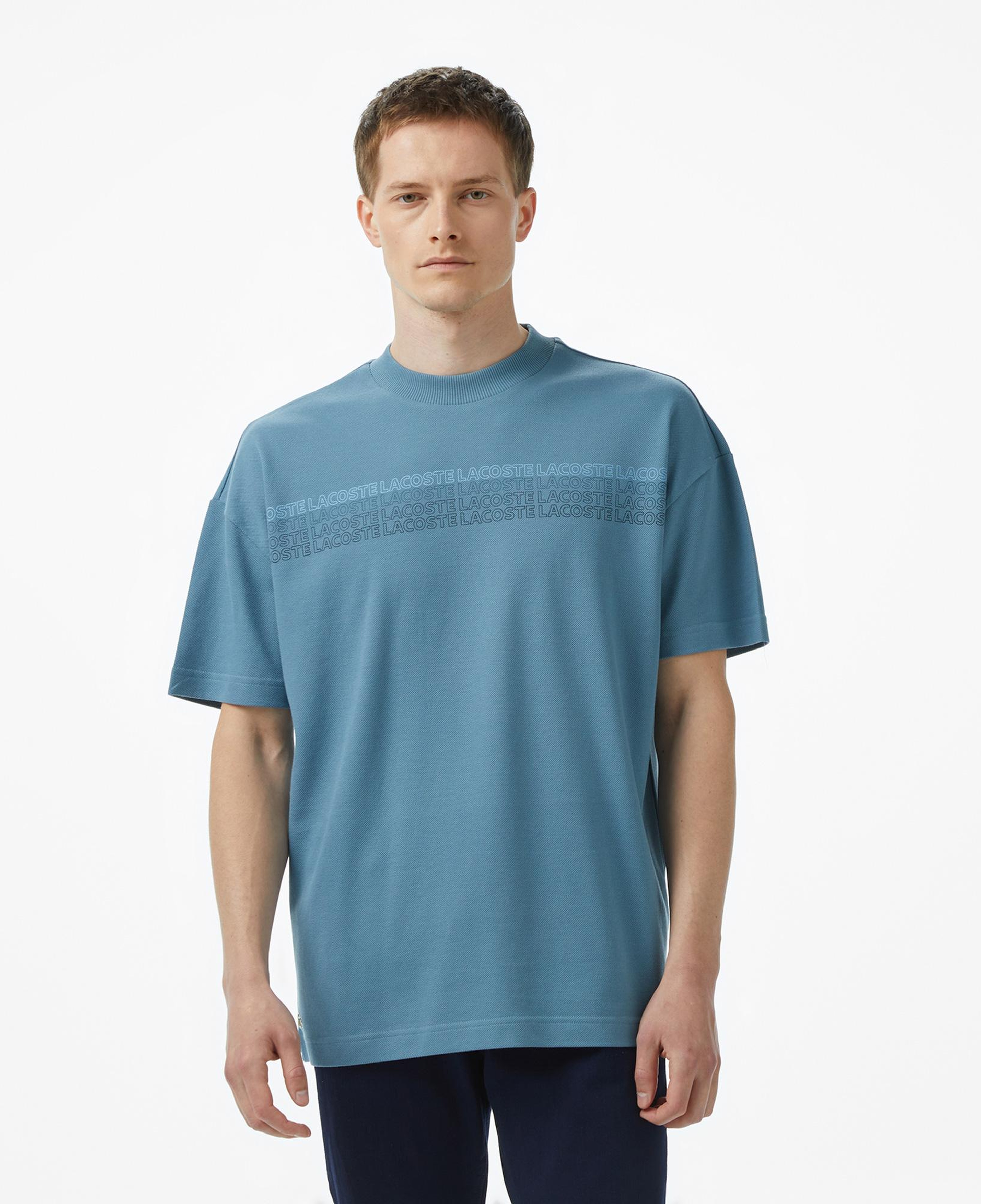 Erkek Oversize Fit Bisiklet Yaka Baskılı Mavi T-Shirt