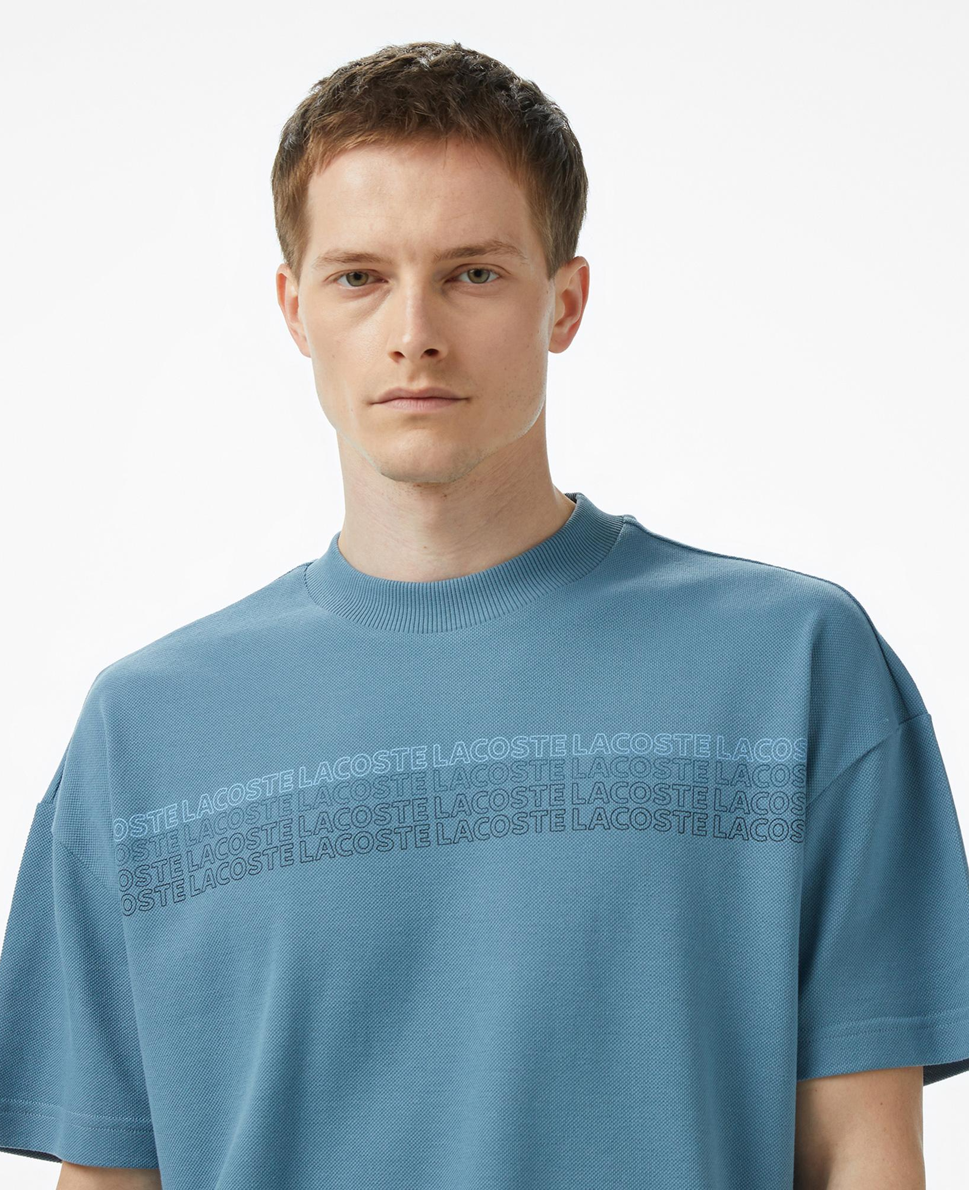 Erkek Oversize Fit Bisiklet Yaka Baskılı Mavi T-Shirt