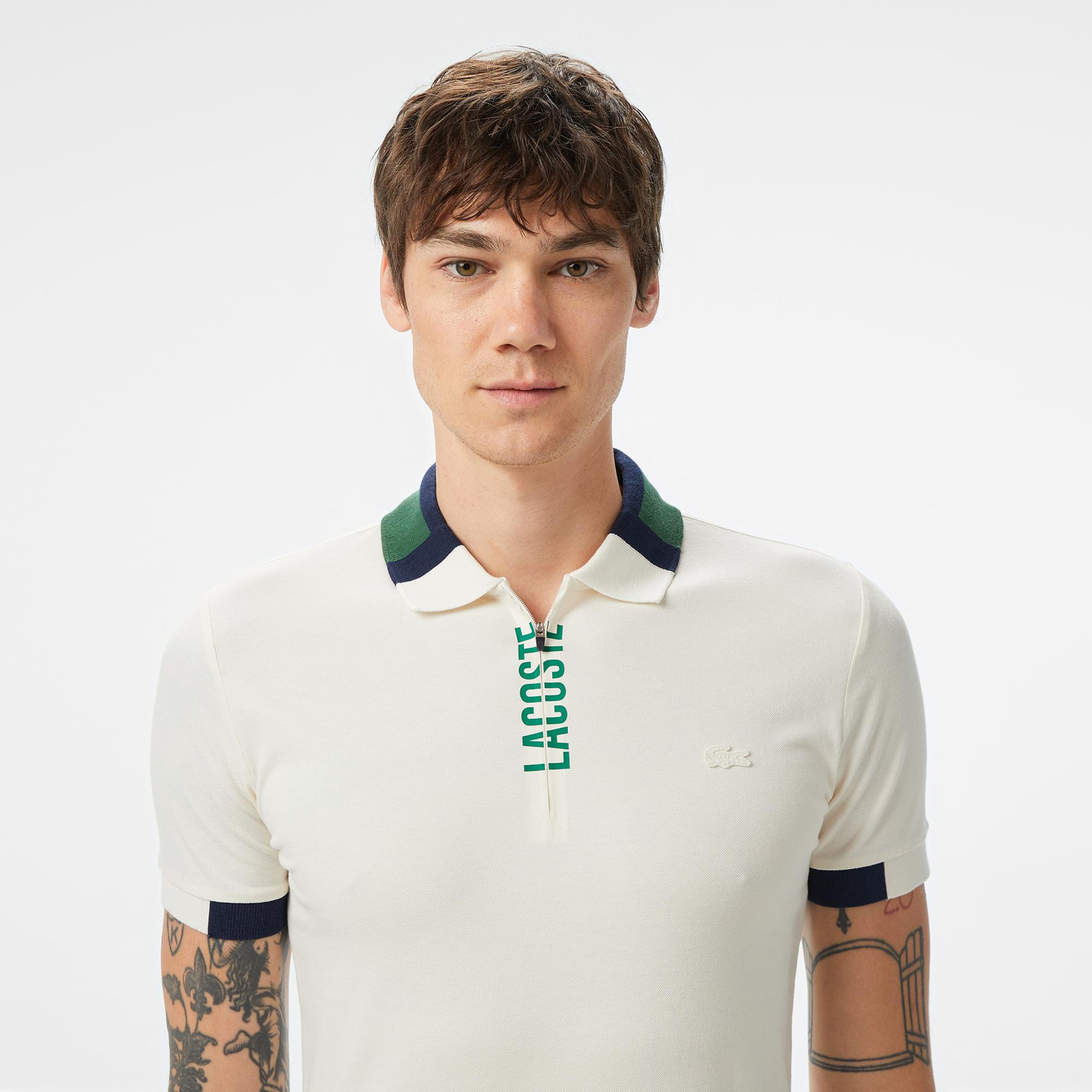 Erkek Regular Fit Yarım Fermuarlı Baskılı Beyaz Polo