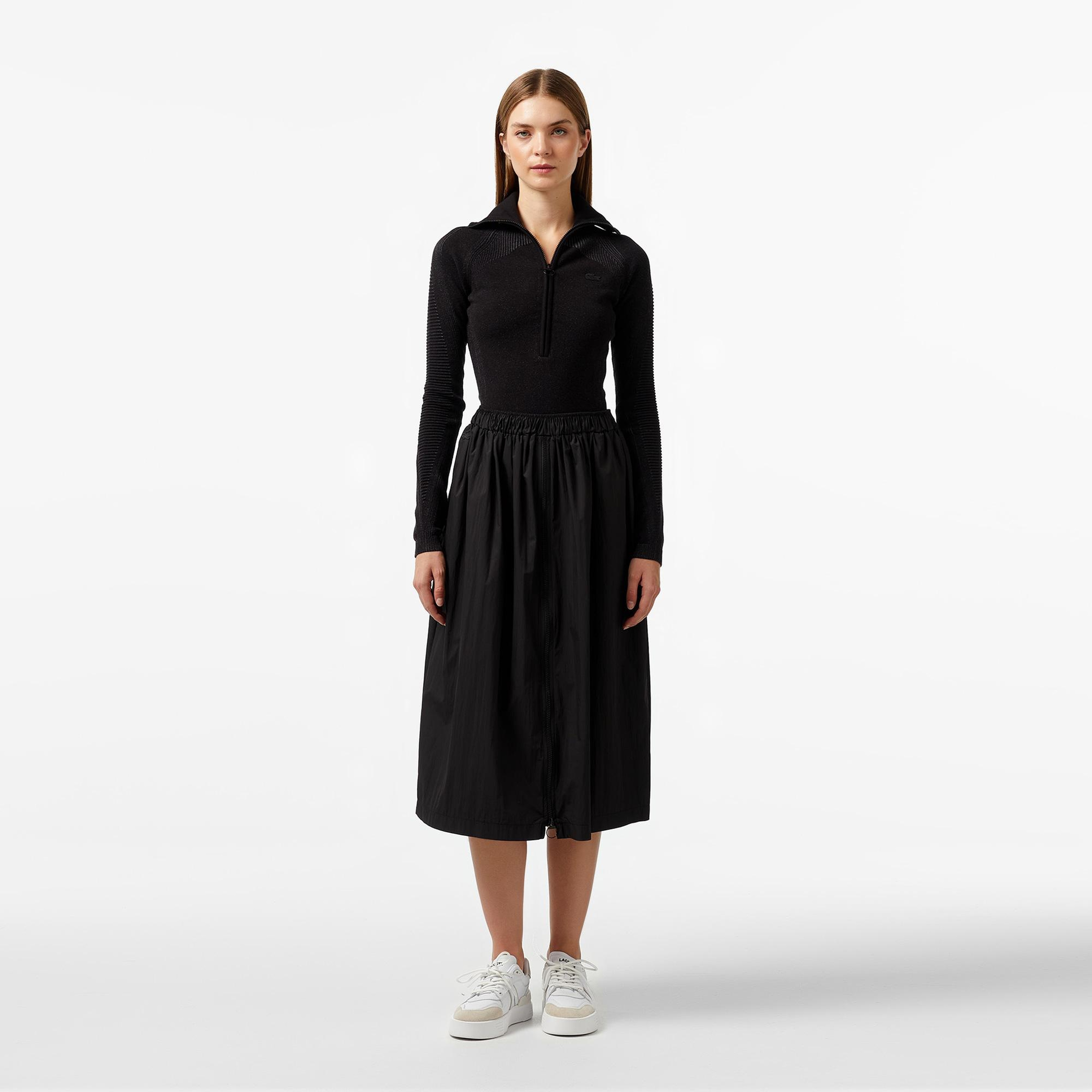 Kadın Slim Fit Yarım Fermuarlı Siyah Triko