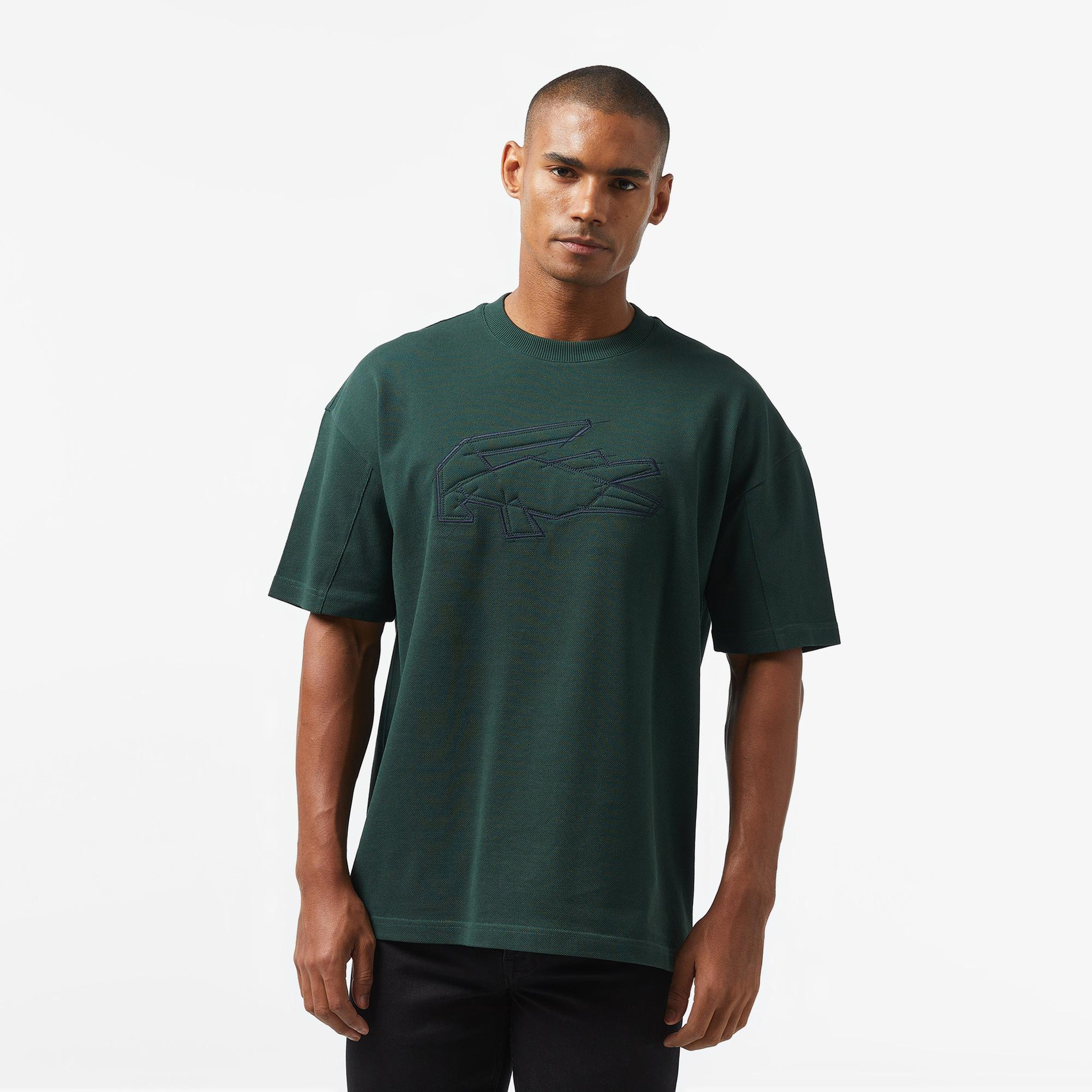 Erkek Oversize Fit Bisiklet Yaka Baskılı Koyu Yeşil T-Shirt