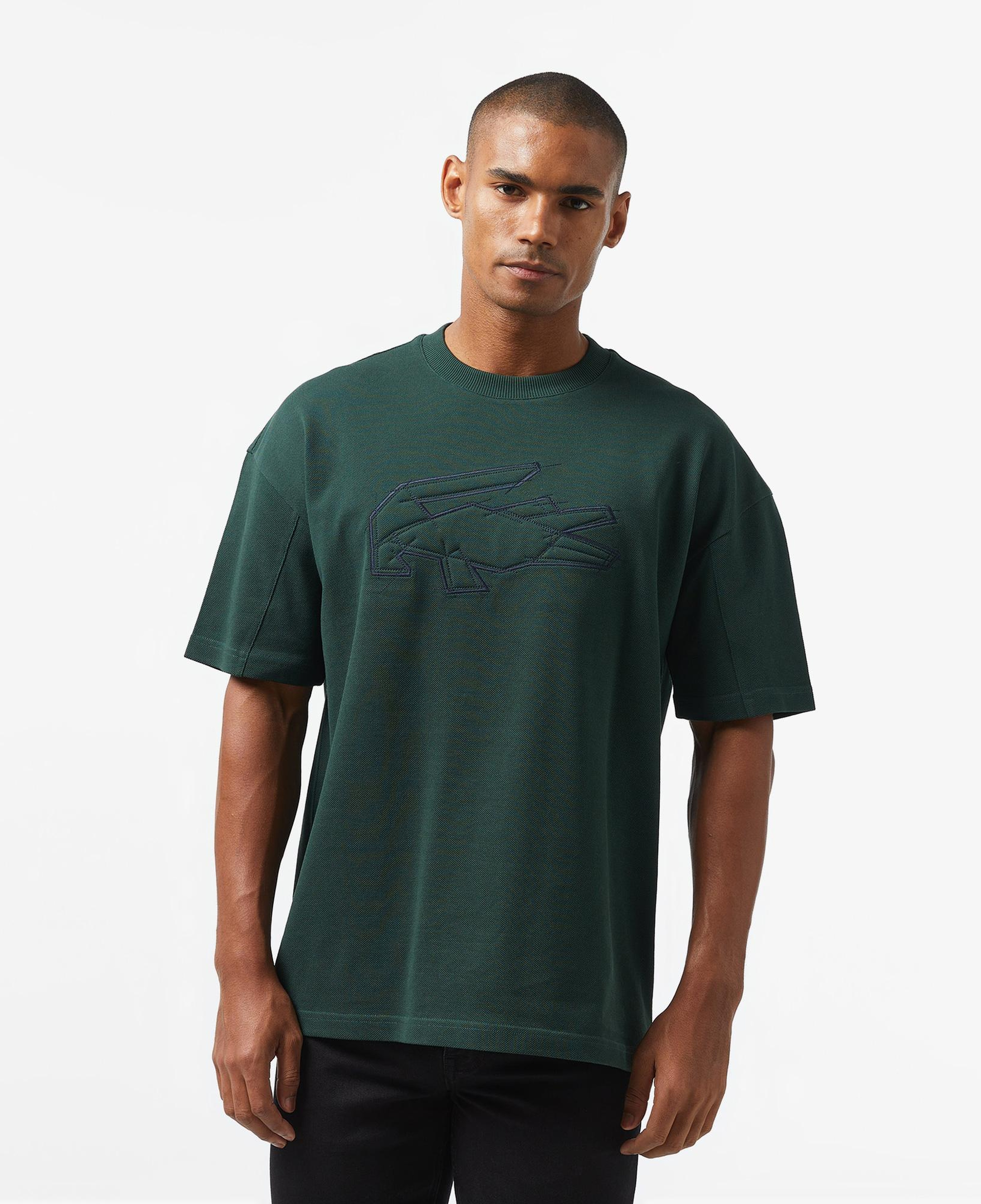 Erkek Oversize Fit Bisiklet Yaka Baskılı Koyu Yeşil T-Shirt
