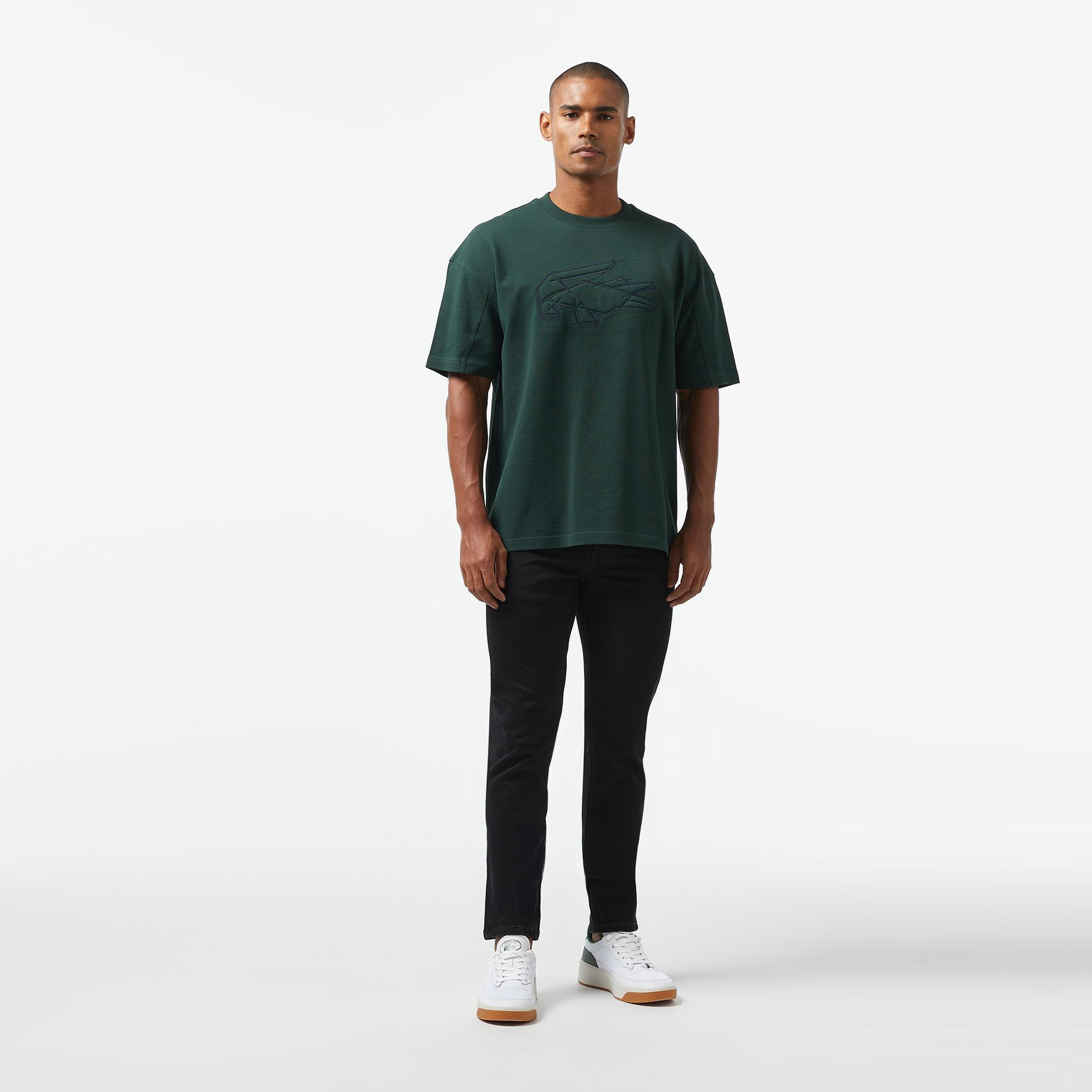 Erkek Oversize Fit Bisiklet Yaka Baskılı Koyu Yeşil T-Shirt
