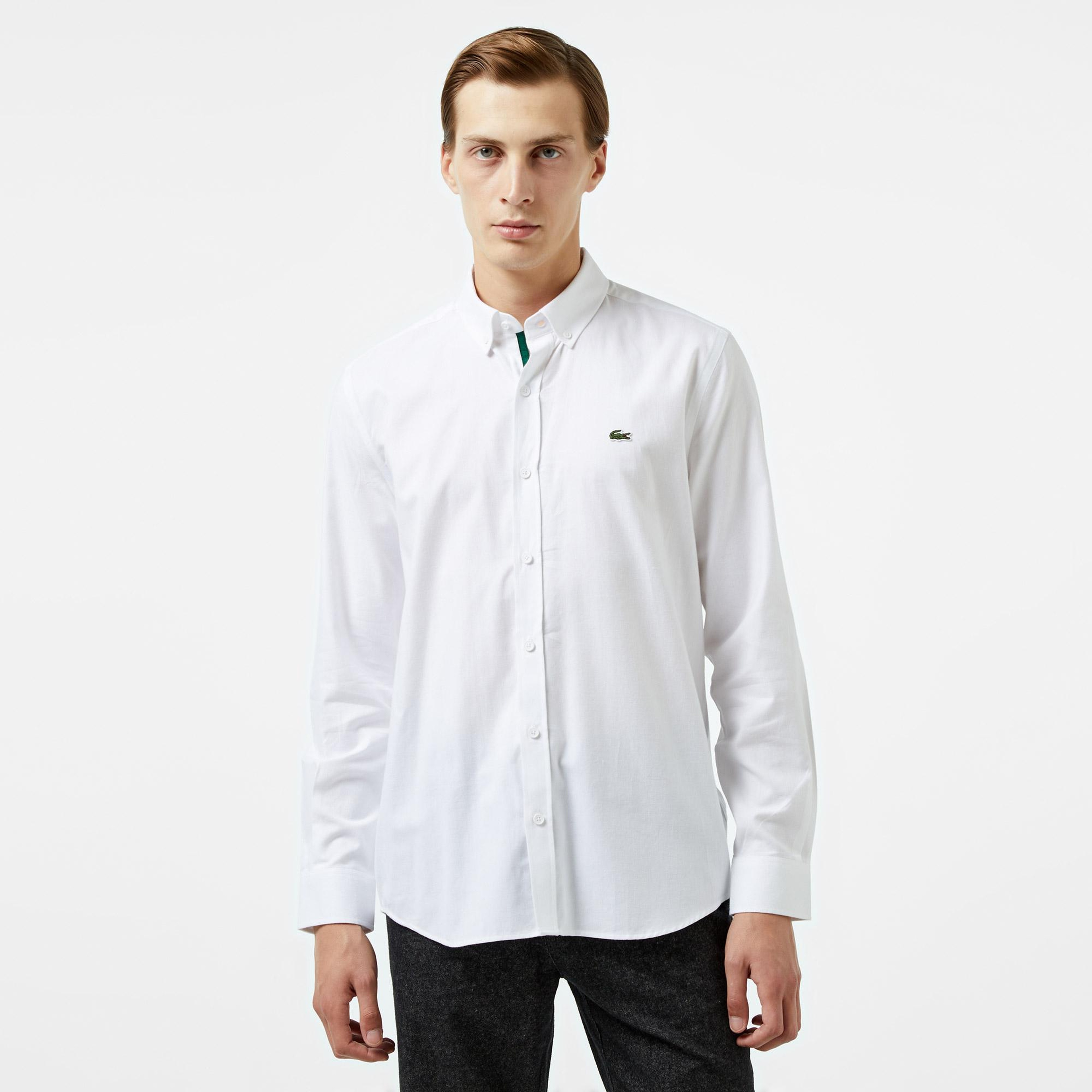 Erkek Slim Fit Düğmeli Yaka Beyaz Gömlek