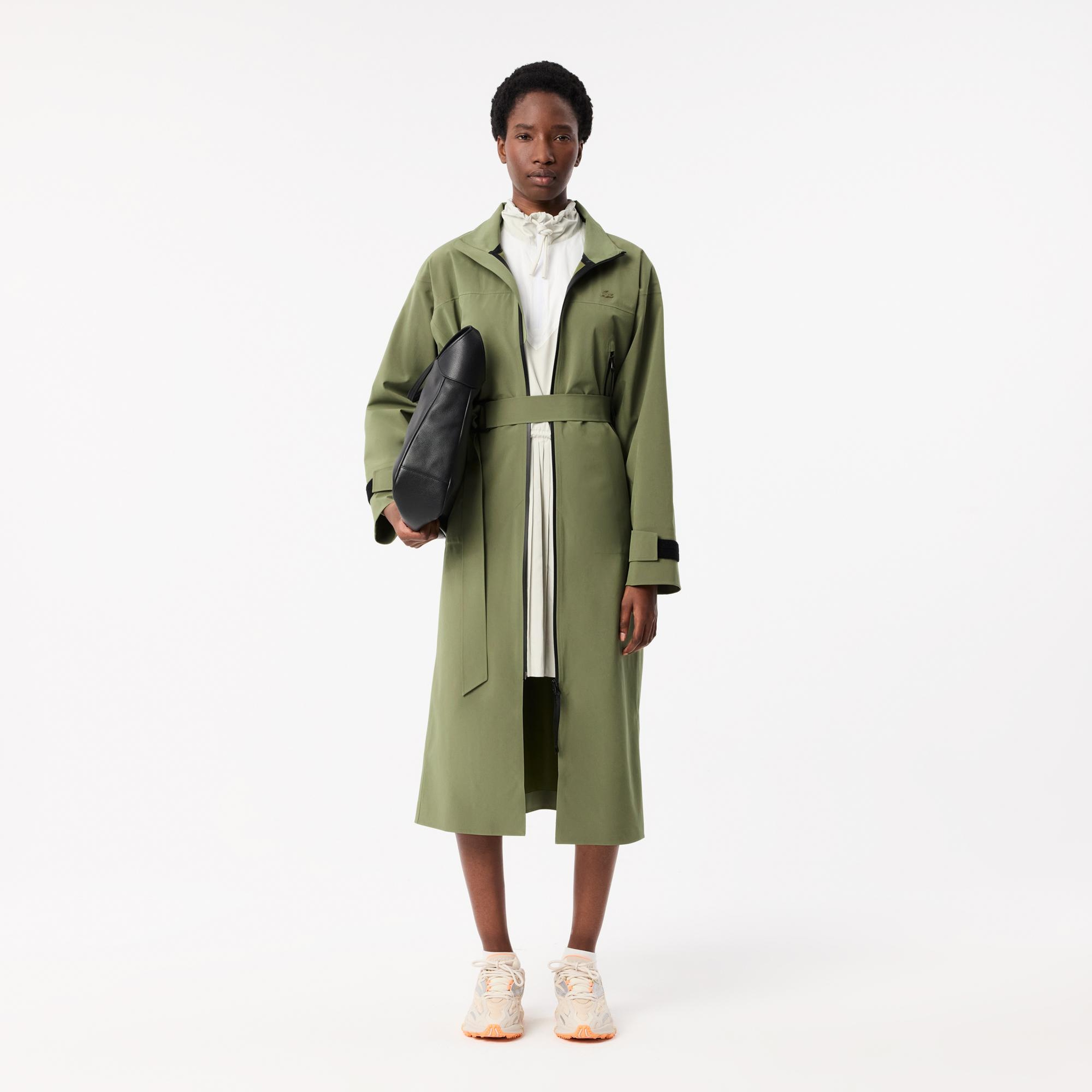 Kadın Oversize Fit Kapüşonlu Haki Trençkot