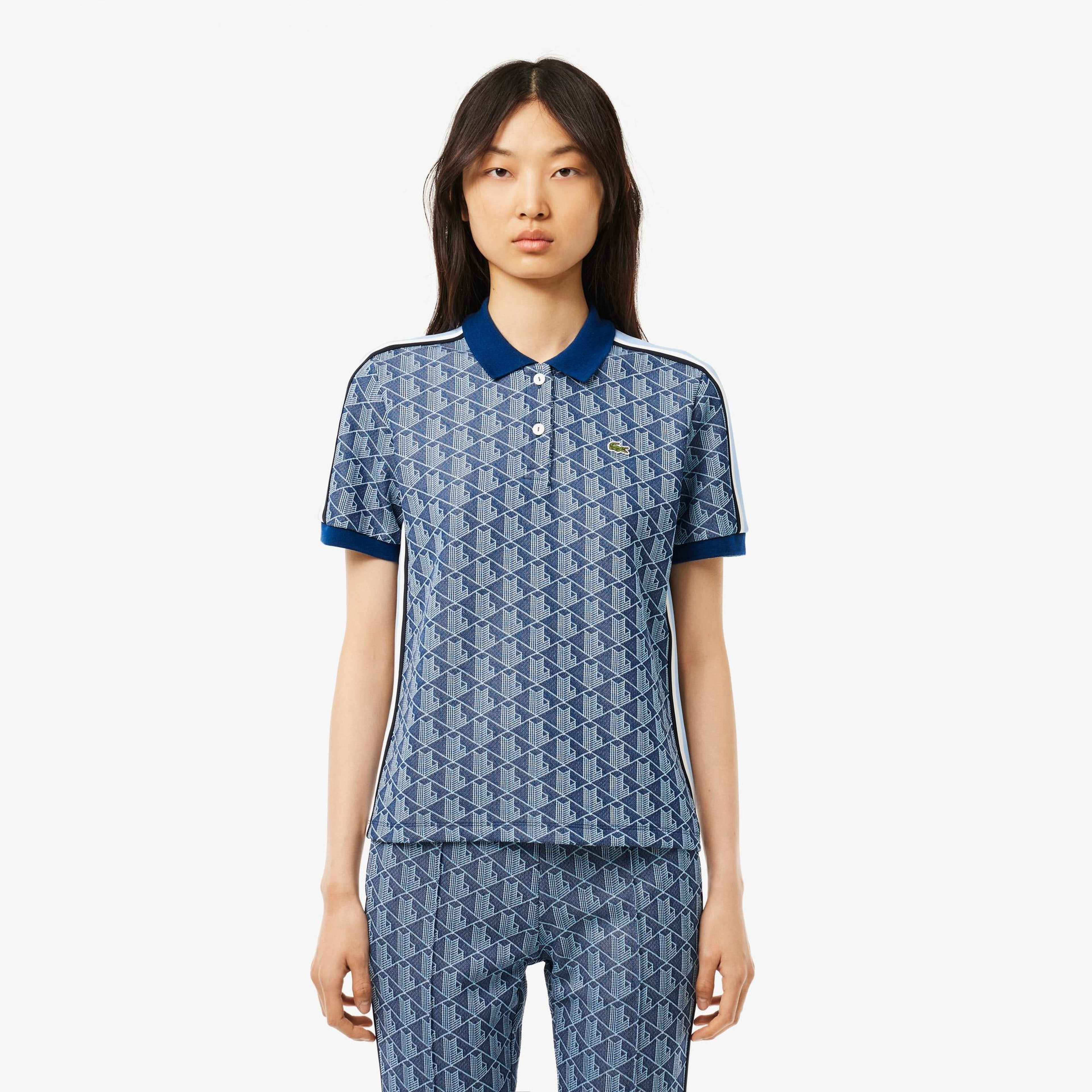Kadın Slim Fit Monogram Koyu Mavi Polo
